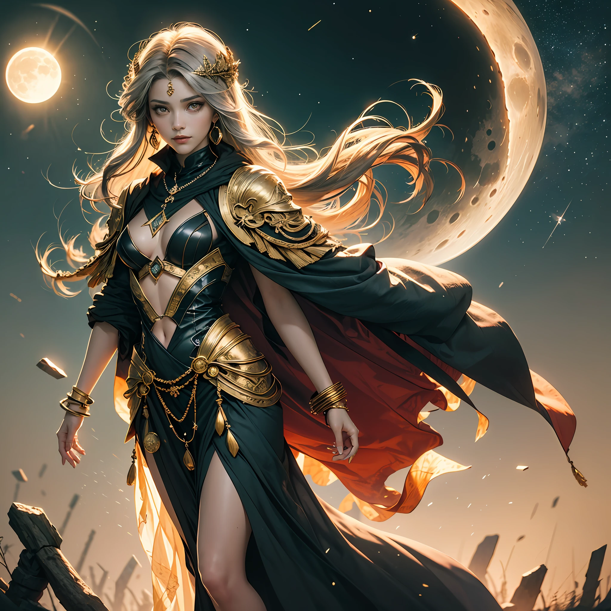 Myths of moonrise, Althea, golden and gray eye, light magic, medium-length hair, jewelry in her hair, ring bracelet on the arm, Dark clothes, cloak, gold background, Confident gaze, ssmile, full length, animification, magic, Warm light from the body,