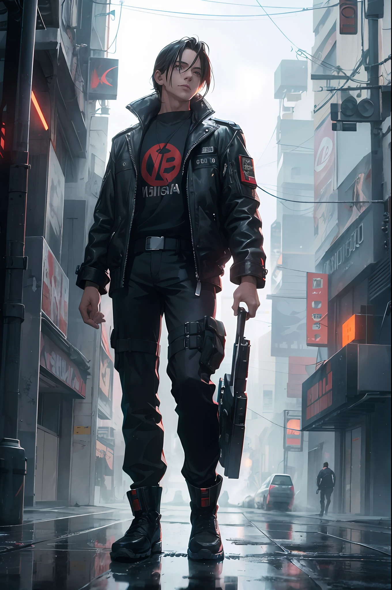 Hiperrealista e pesado detalhado dos anos 90 cyberpunk Leon Scott Kennedy , vestindo traje alternativo de moda futurista, penteado dos anos 1960 no estilo 2010, rosto detalhado, real, atmospheric, cyberpunk luzes brilhantes, clear, 8k, Canon50, leica sl250, pele detalhada, Blade Runner, (PushStyle), Cyberpunk scenario, alta textura, maximalista, atmospheric, raytracing, vida real com funto laranja