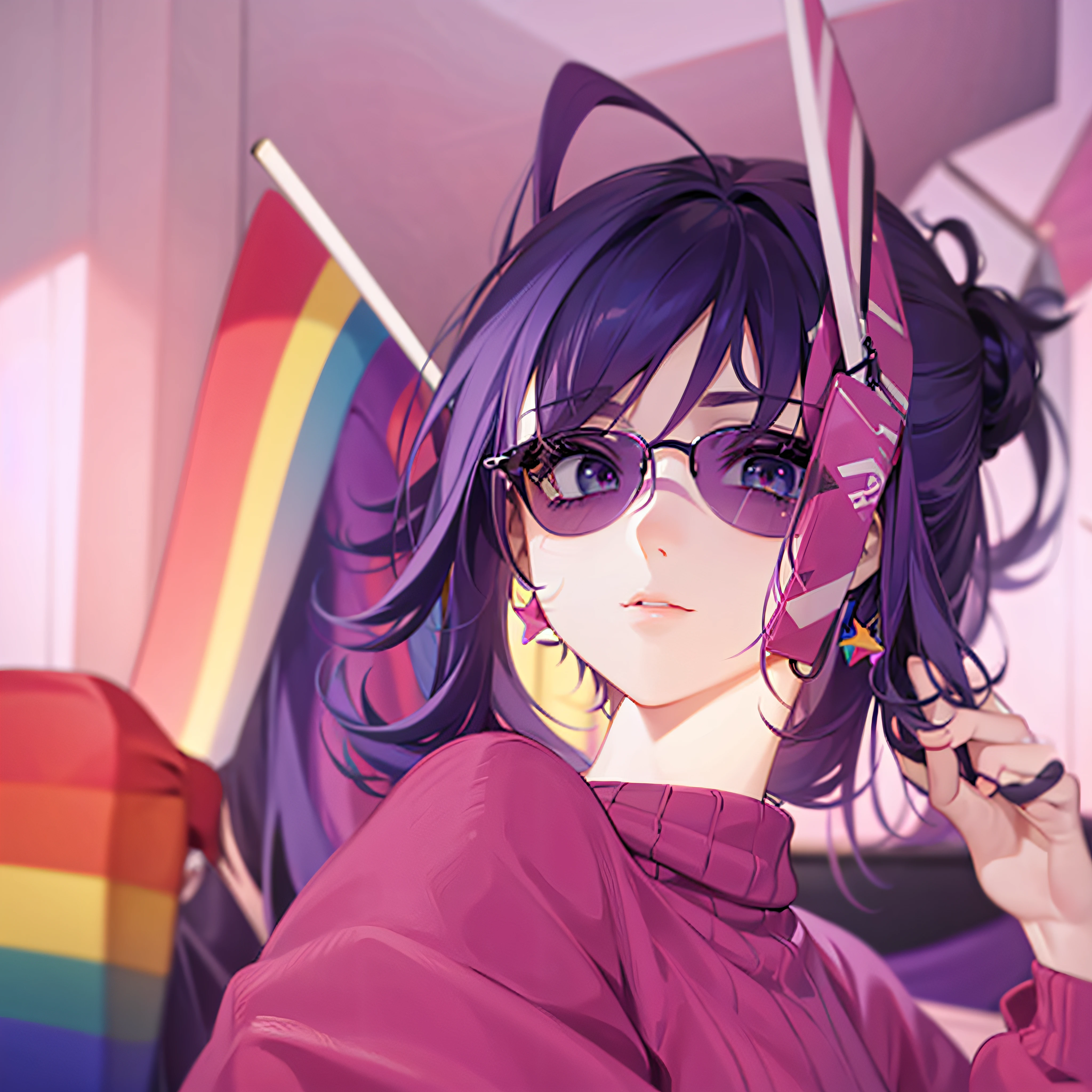 19 years old girl, Purple hair, purple glosses, LGBTQ flags on the sides of her head, pink sweater, extremely detailed, 8k