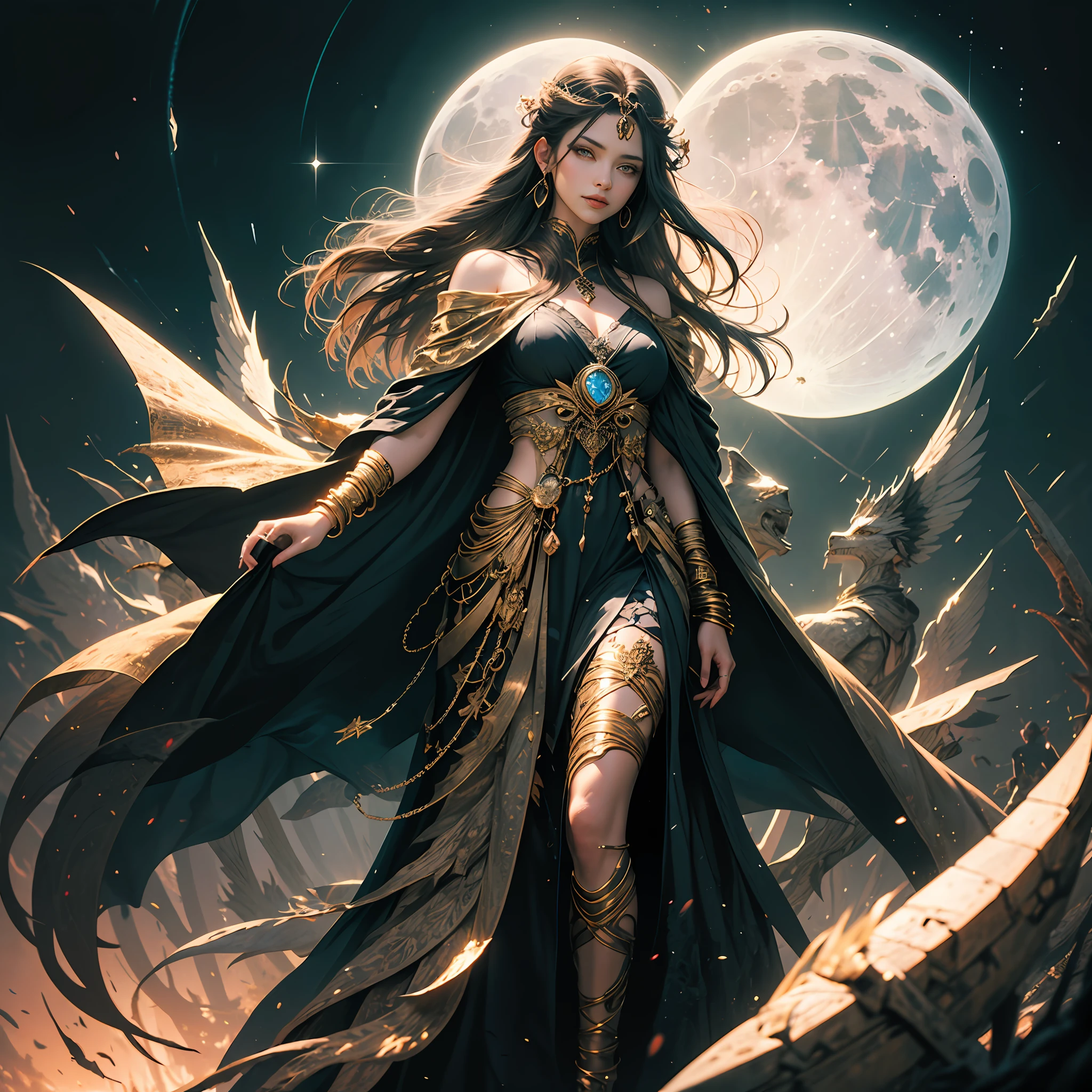 Myths of moonrise, Althea, glowing gray eyes, light magic, medium-length hair, jewelry in her hair, ring bracelet on the arm, Dark clothes, cloak, gold background, Confident gaze, ssmile, --auto