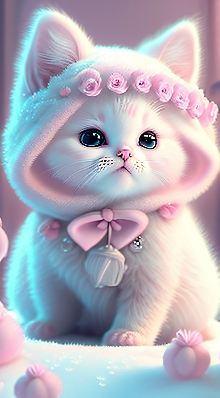 Nesta arte CG ultra-detalhada, Cute pink kittens surrounded by ethereal roses, risos, melhor qualidade, alta resolução, detalhes intrincados, fantasia, animais bonitos, roxo, humorous, boca aberta, 8k, olhar comovente.