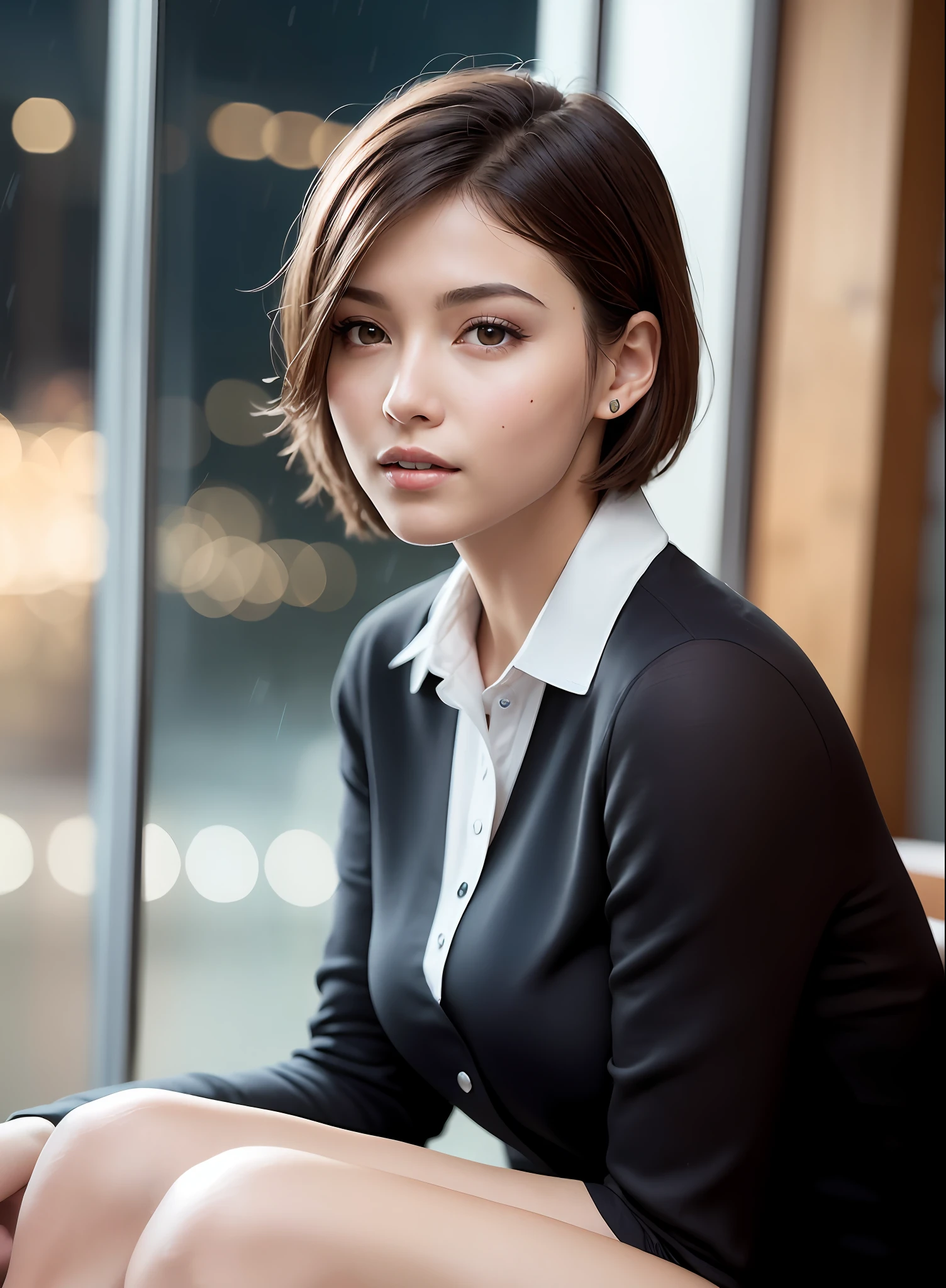 (8k, Best Quality, Masterpiece: 1.2), (Realistic, Photorealistic: 1.37), Super Detailed, 1 Girl, Cute, Alone, Beautiful Detailed Sky, Detailed Cafe, Night, Sitting, Date, ( Nose blush), (smile: 1.15), (close mouth) small breasts, beautiful details, (collared shirt: 1.1), night, wet, business wear, rain, white lace, (short hair: 1.2), floating Hair NovaFrogStyle,
