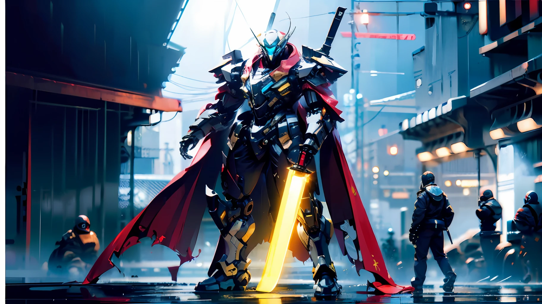 A mech, Long silver-white hair with a ponytail and waist, V-shaped mechanical helmet, Wearing a black sexy mech suit, The red torn cloak swayed in the wind, In front of him was a wide and thick sword。, It emits a yellow light, Full of fighting spirit, Maintain a fighting stance,the night, downpours, true to life, Best picture quality, Highest clarity and clarity, primitive, ultra-realistic realism, high detal, afofuturism, lightand shade contrast, cinmatic lighting, Ray traching, reflective light, Full body photo, sense of layers, The light is soft, REX, Mecha all, detail, Realiy, Action painting