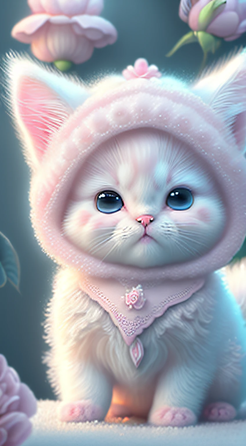 Nesta arte CG ultra-detalhada, Cute pink kittens surrounded by ethereal roses, risos, melhor qualidade, alta resolução, detalhes intrincados, fantasia, animais bonitos, roxo, humorous, boca aberta, 8k, olhar comovente.