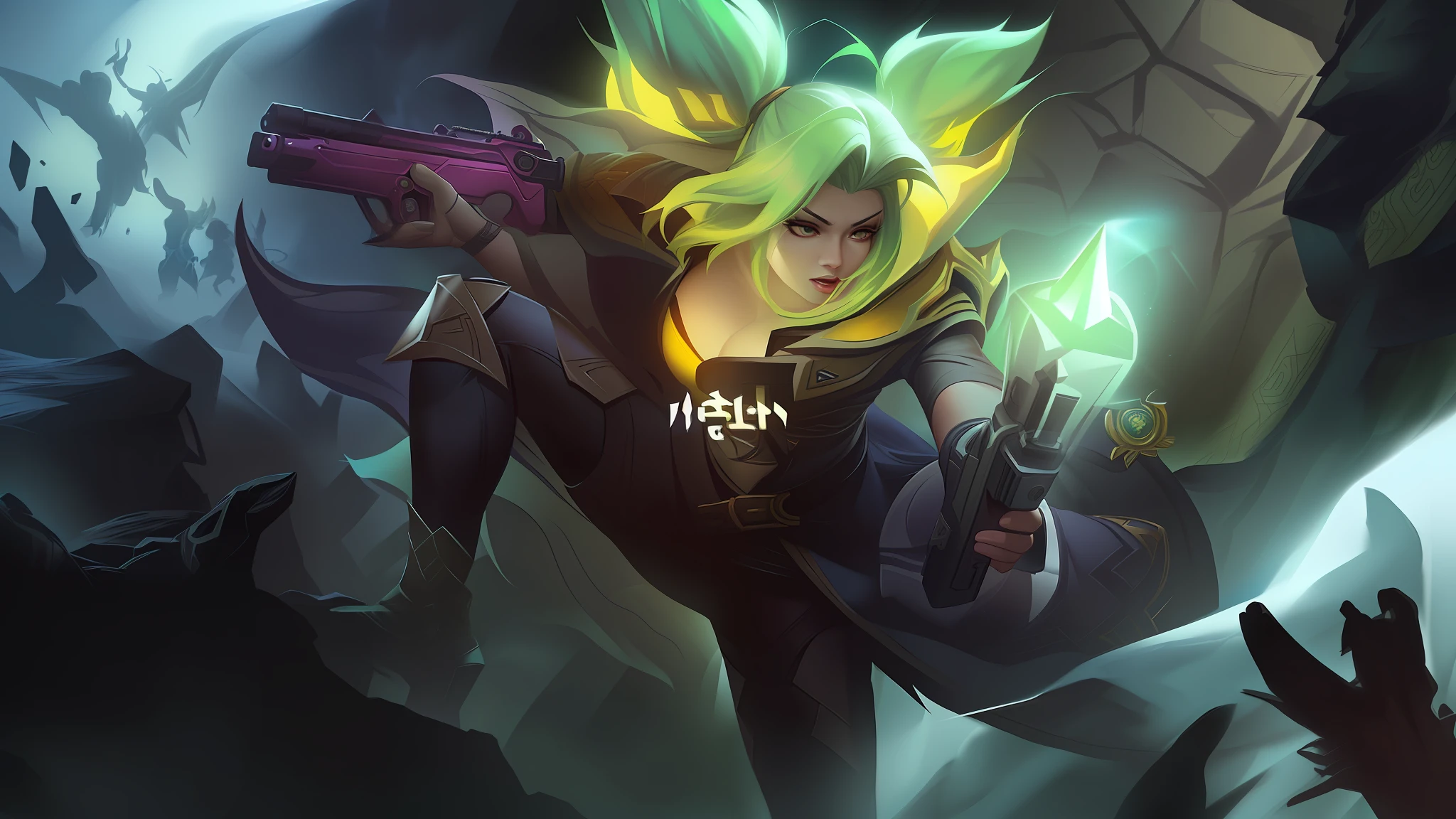 A green-haired woman holds a gun and a gun, League of Legends character, female lucio, Riven, Li Zixin, kda, wild rift, G Liulian art style, by Yang J, qiyana, from league of legends, style league of legends, xianxia hero, senna from league of legends, league of legends character art
