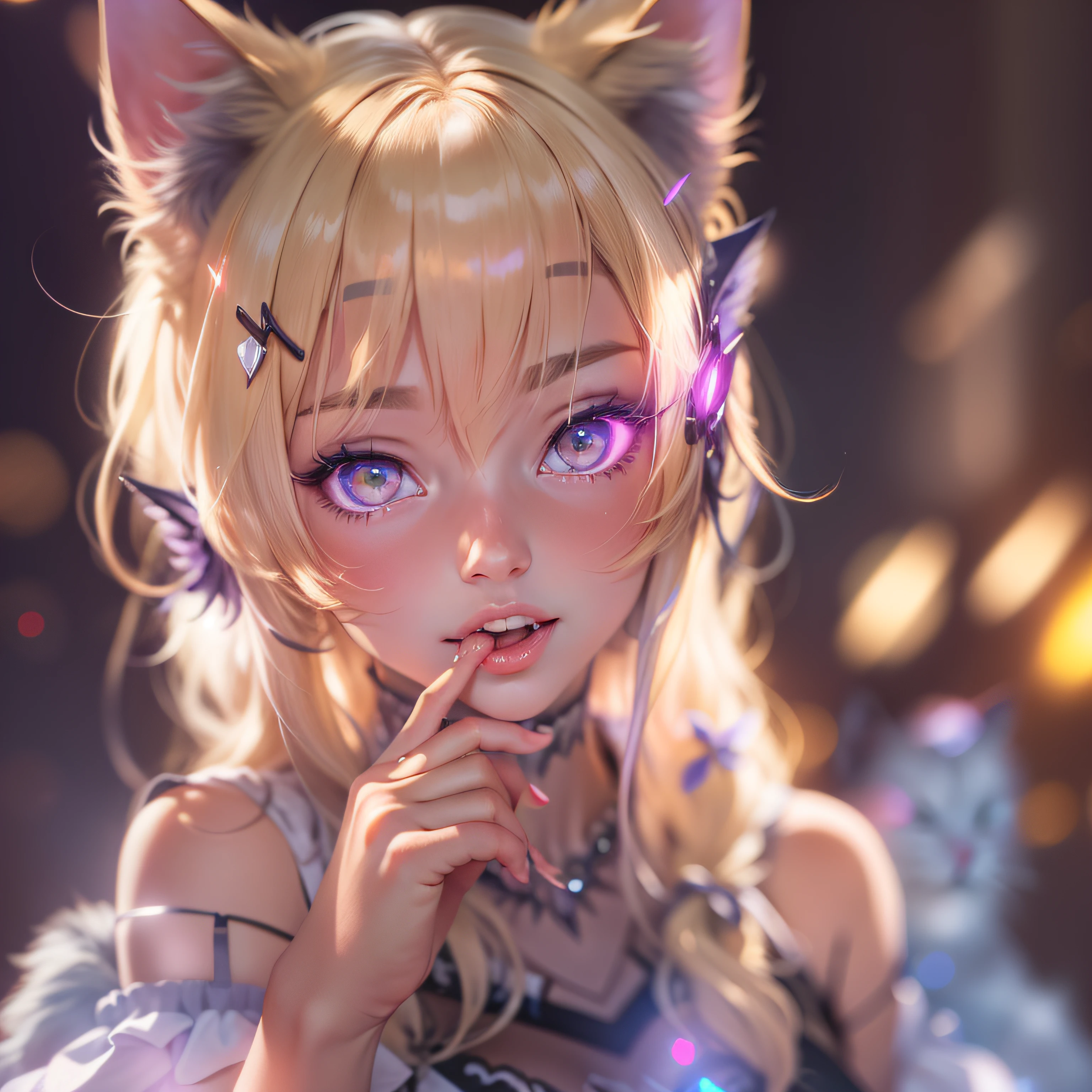 blonde hair, purple eyes, cat ears, glint, oral invitation, lens flare, Canon, Fujifilm, award winning, best quality, highres, 8k
