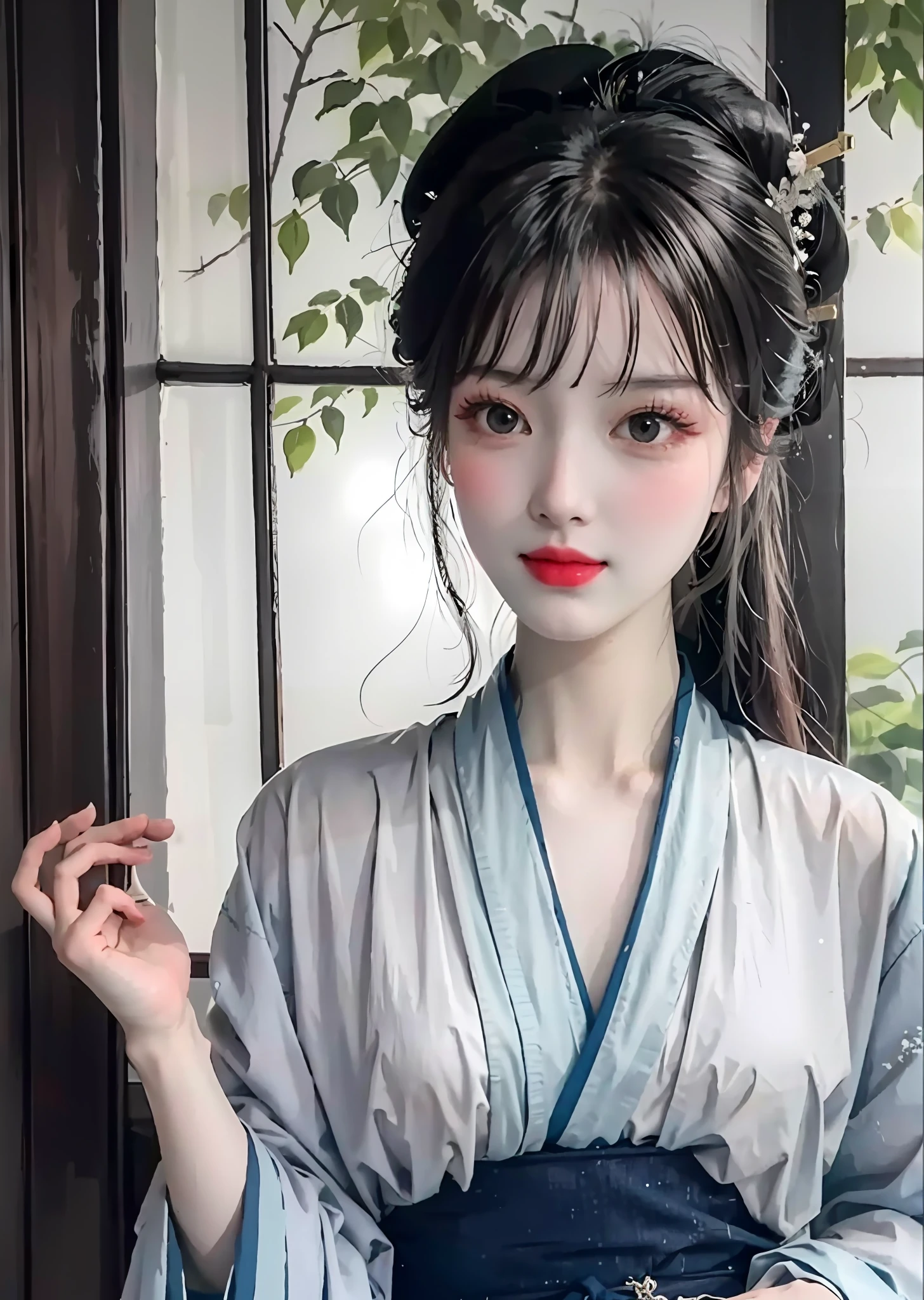 There is a woman posing for a photo in Hanfu, (Expose large:1.2), Long bangs, (eyes with brightness:1.2), with acient chinese clothes, Japanese clothes, Wearing ancient Chinese clothes, Palace ， A girl in Hanfu, Traditional Chinese clothing, pale and coloured kimono, Chinese costume, traditional geisha clothing