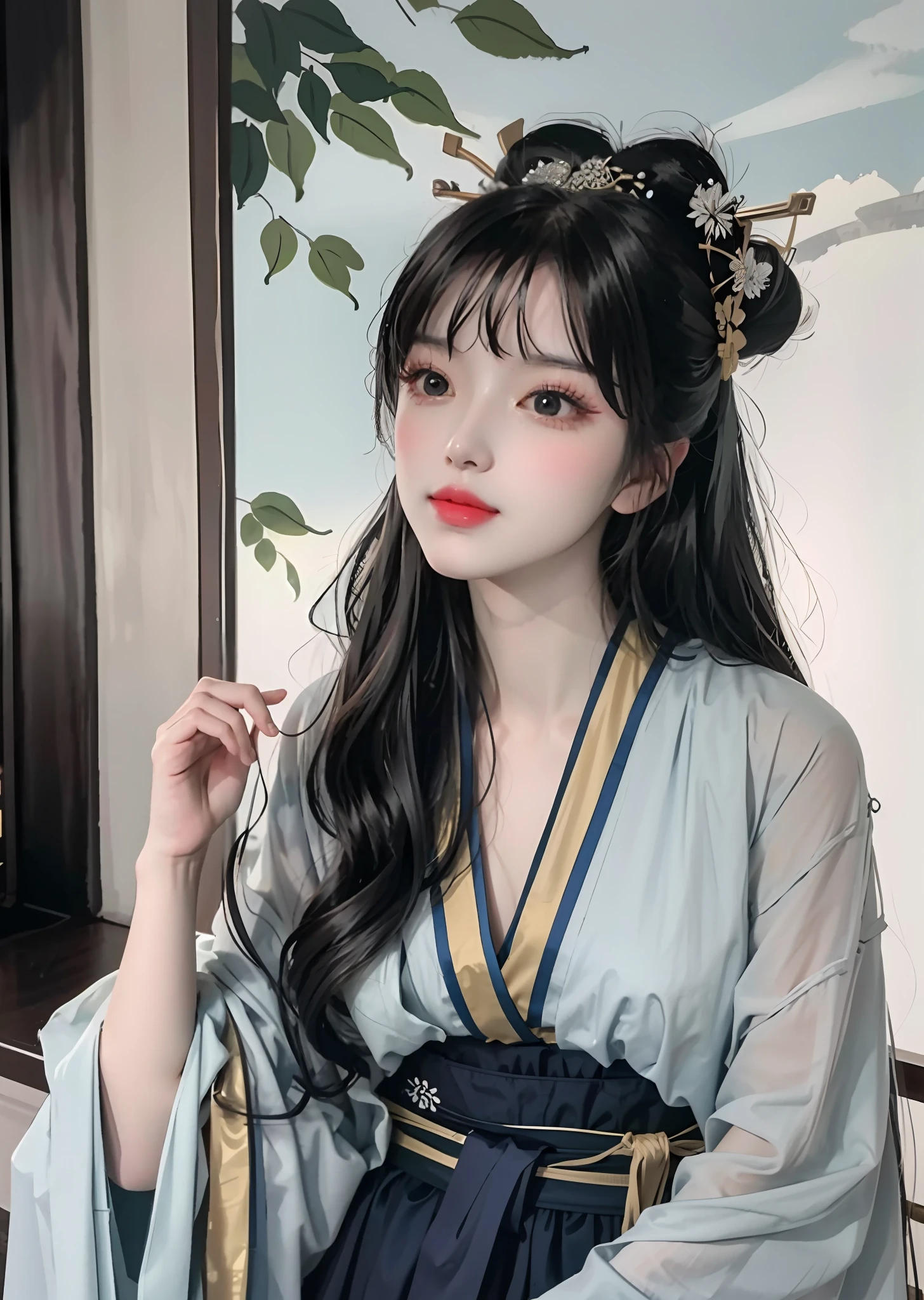 There is a woman posing for a photo in Hanfu, (Expose large:1.2), Long bangs, (eyes with brightness:1.2), with acient chinese clothes, Japanese clothes, Wearing ancient Chinese clothes, Palace ， A girl in Hanfu, Traditional Chinese clothing, pale and coloured kimono, Chinese costume, traditional geisha clothing