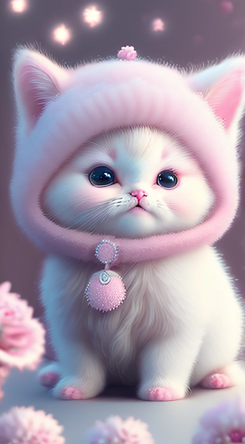 Nesta arte CG ultra-detalhada, Cute pink kittens surrounded by ethereal roses, risos, melhor qualidade, alta resolução, detalhes intrincados, fantasia, animais bonitos, roxo, humorous, boca aberta, 8k, olhar comovente.