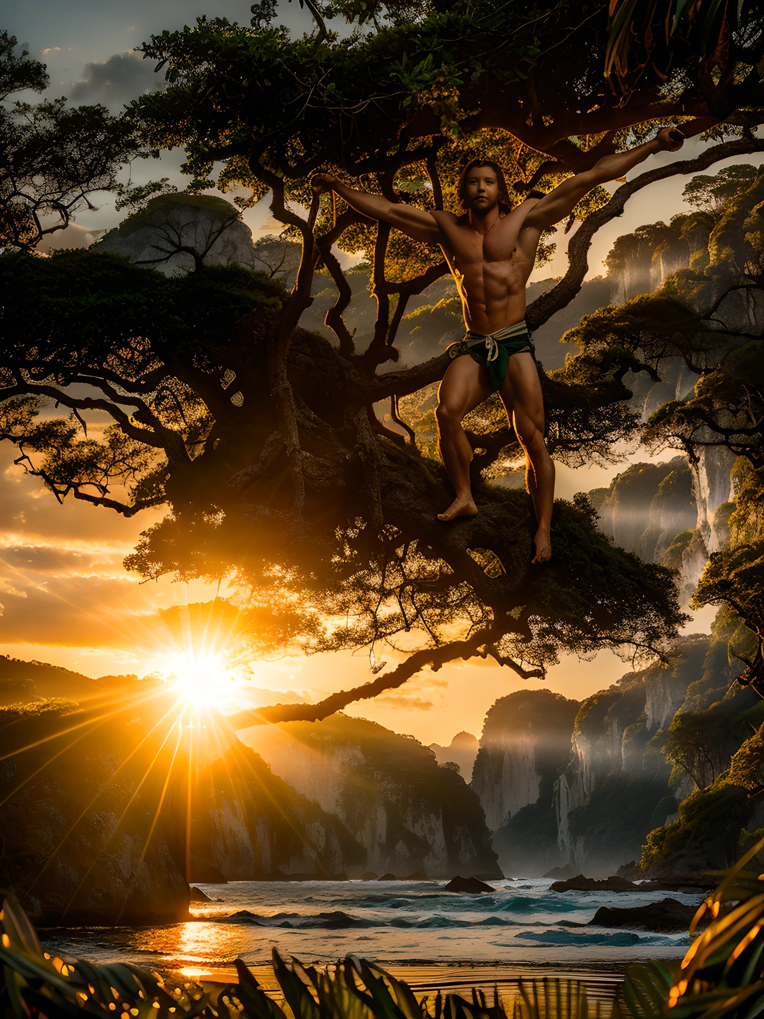 "((photographic style)), (at sunset under a wild landscape), (like Tarzan posing), (ultra realistic), (highly detailed), (global illumination), (low contrast)"