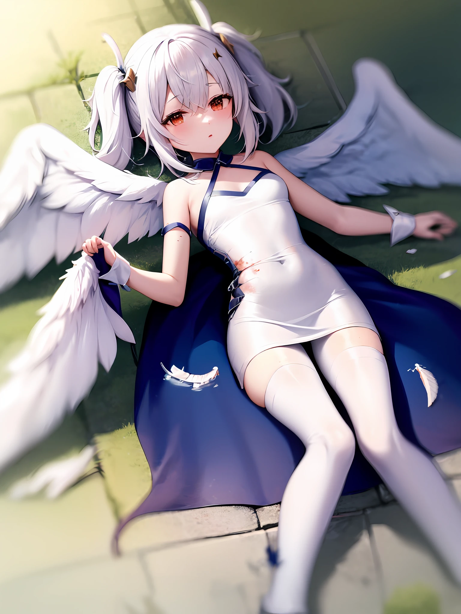 angelicales，Wings，wounded，Broken clothes，Folding wings，white  clothes，There is a white liquid on the ground