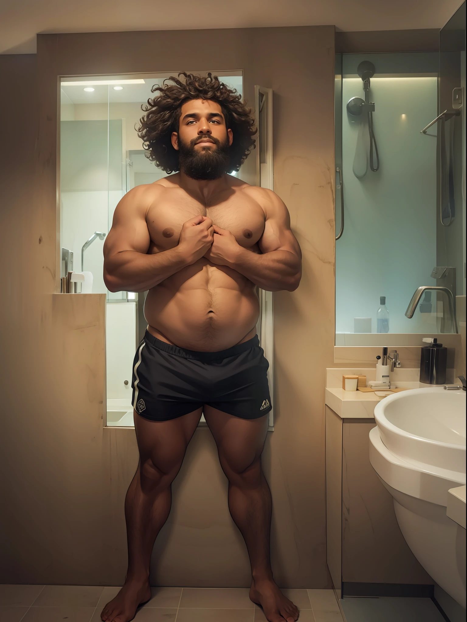 one man, chubby, beard, curly hair, dark skin tone, body hair, shirtless