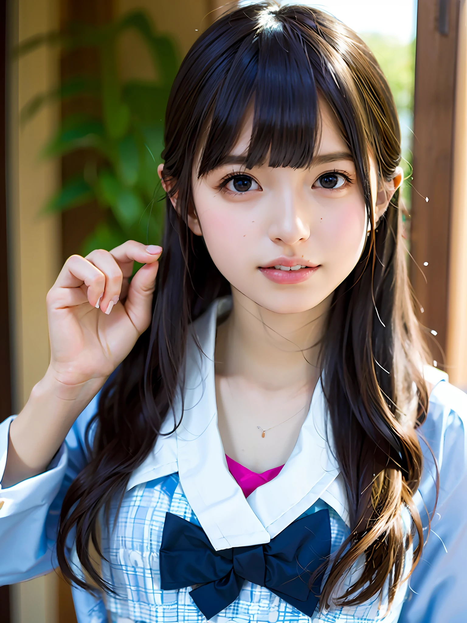 1girl, solo,(best quality),(masterpiece:1.1), full body, looking_at_viewer, dynamic angle, school uniform, cute, clear facial skin,