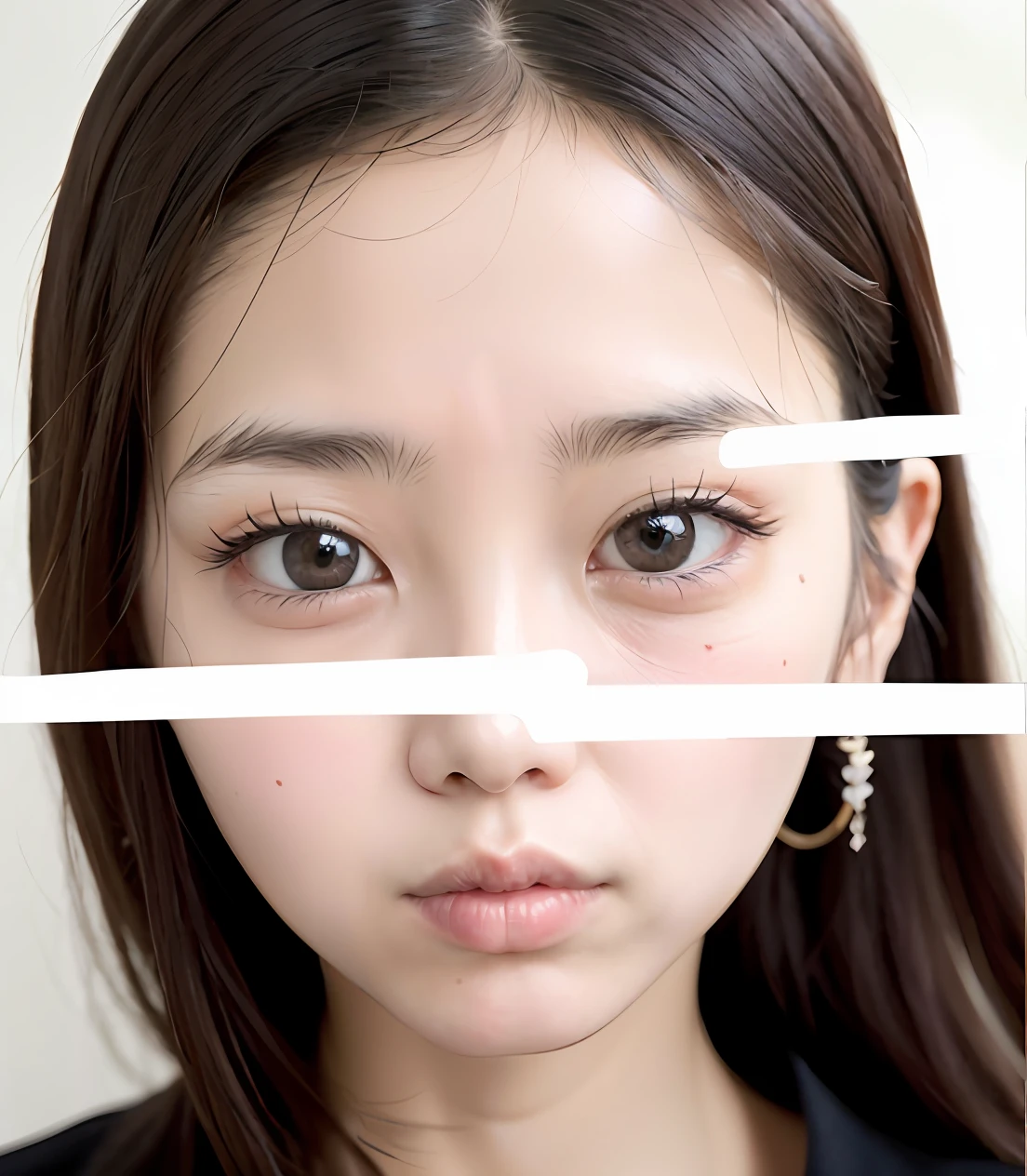 Qi bangs, square round face, tear mole, collapsed nose, round eyes, double eyelids, big eyes