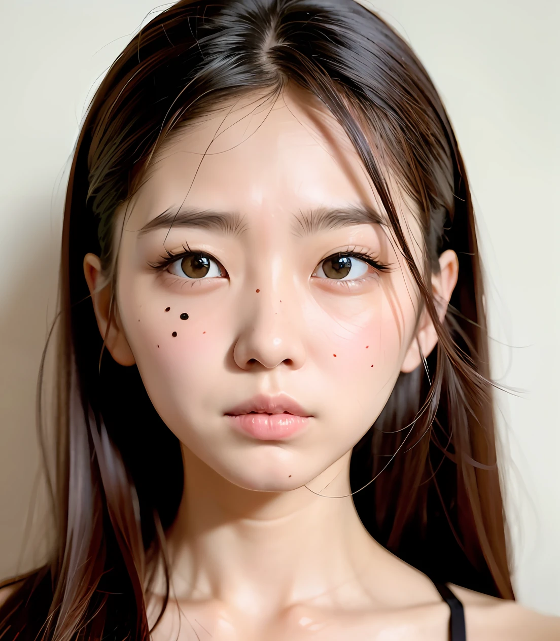 Qi bangs, square round face, tear mole, collapsed nose, round eyes, double eyelids, big eyes