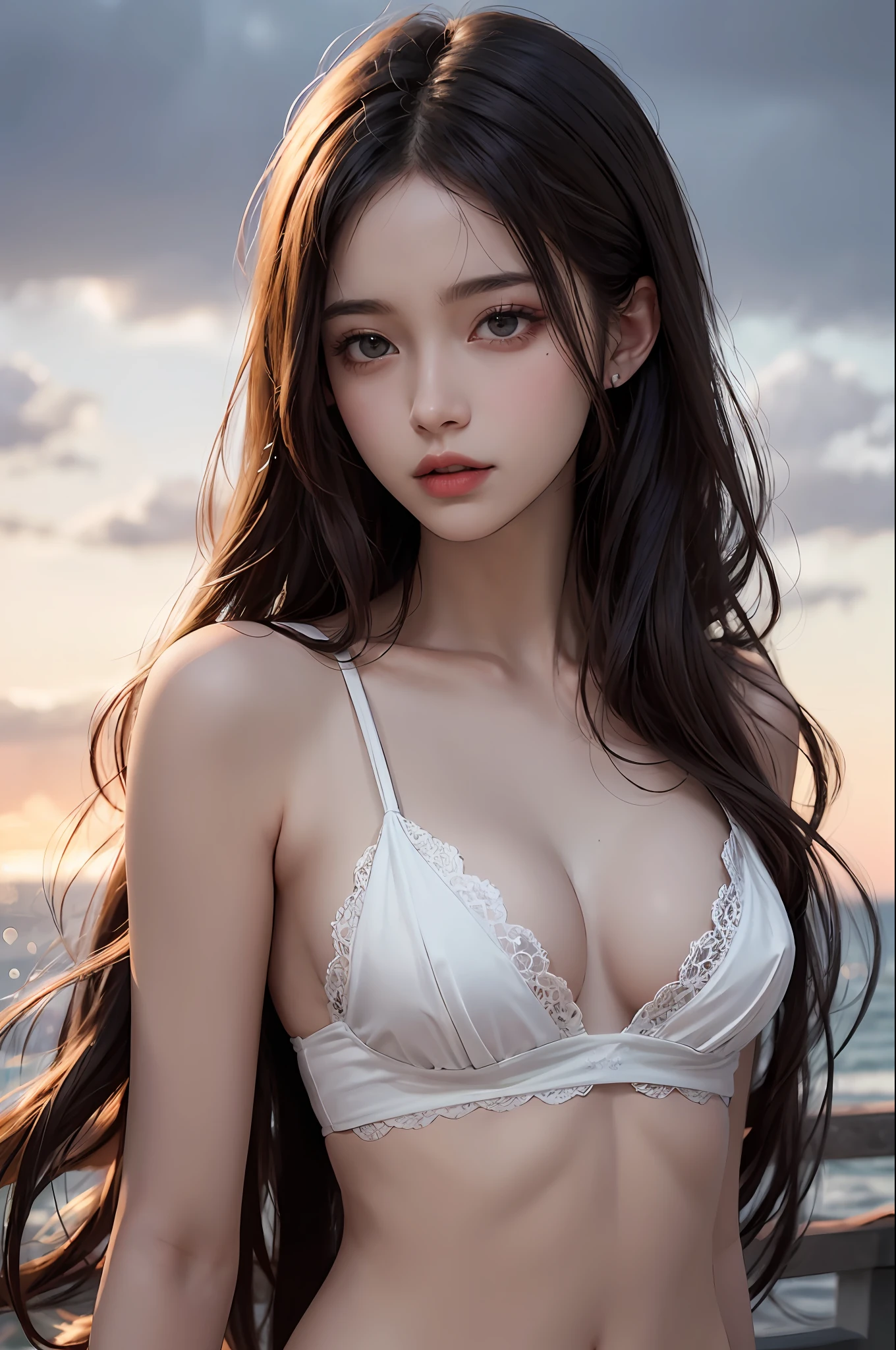 a 20 yo woman,long whitr hair,deep v big breasts、Smaller chest,dark themes,soothing tones,pastel colour,hight contrast,(Natural skin texture,ultra-realistic realism,the soft light,sharp),fundo vermelho,simple backgound,