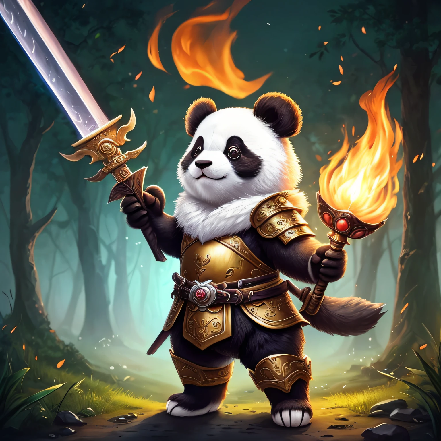 There is a panda,Wearing armor,Holding a flame sword in his hand,Cute detailed digital art,lovely digital painting,adorable digital art,cute anthropomorphic bunny,Cute 3d rendering,Lovely detailed artwork,adorable creature,Cute cartoon character,Cute little animals,cute artwork,beautiful digital artworks,dream animal cute eyes,cute forest creature,cute animal --auto