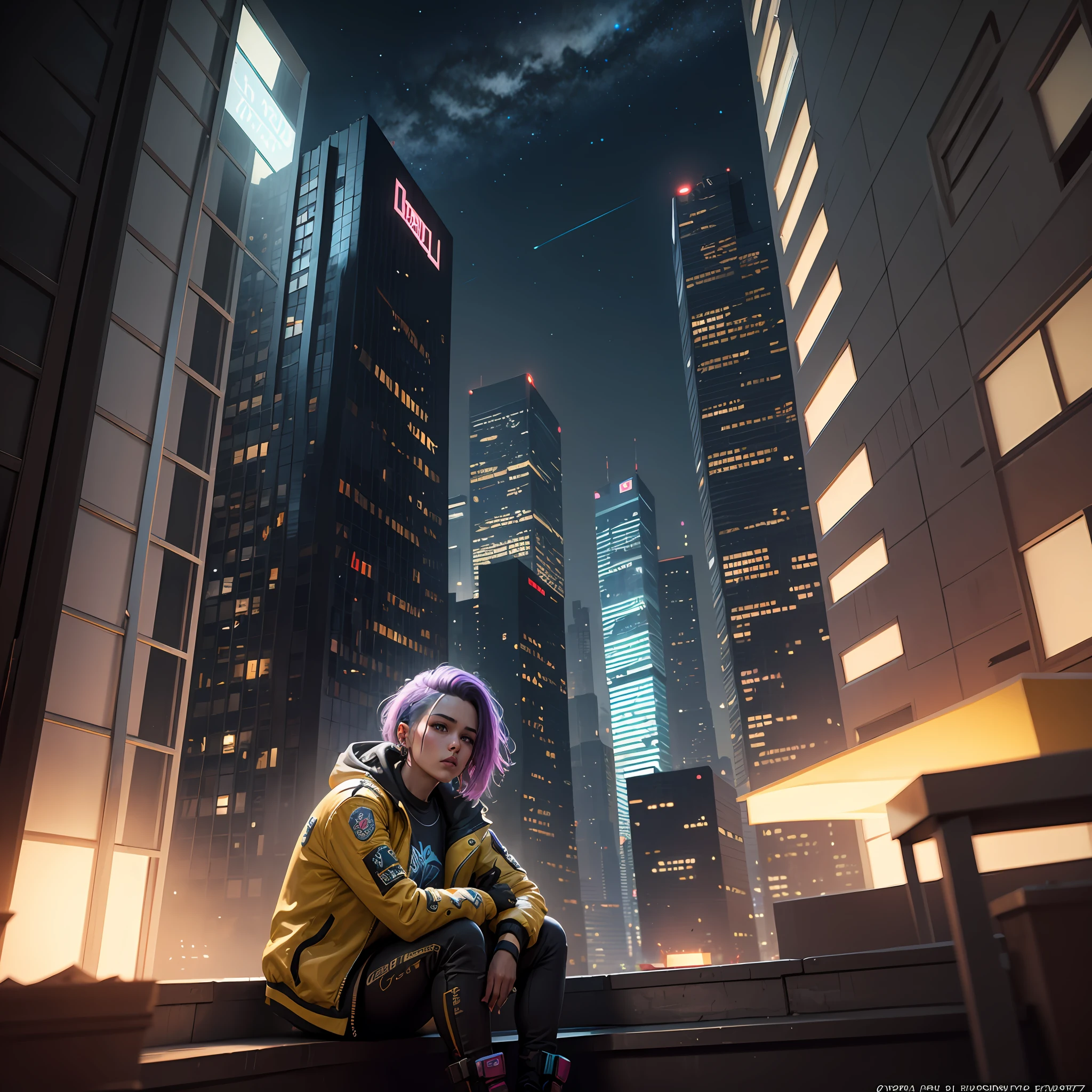 Cyberpunk 2077,Pixel wind,In the middle of the night,A teenager in a yellow jacket sits on the roof deck of a building,In the lower right corner of the picture, A small part is occupied, The main body is a high-rise building, The background is a city tall building,There was a little light in the building,and its deep blue starry sky --auto