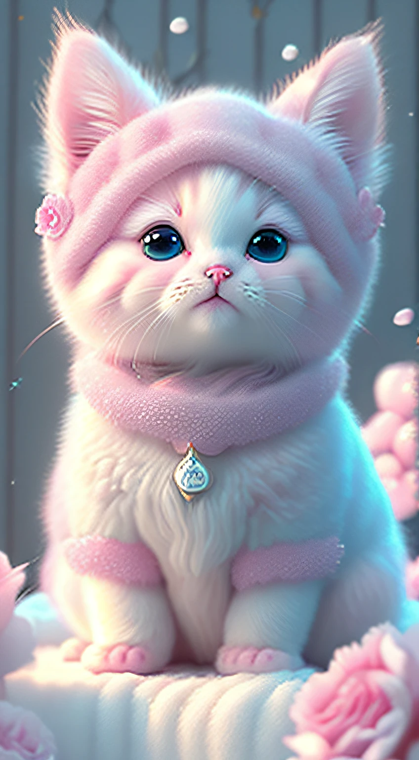 Nesta arte CG ultra-detalhada, Cute pink kittens surrounded by ethereal roses, risos, melhor qualidade, alta resolução, detalhes intrincados, fantasia, animais bonitos, roxo, humorous, boca aberta, 8k, olhar comovente.