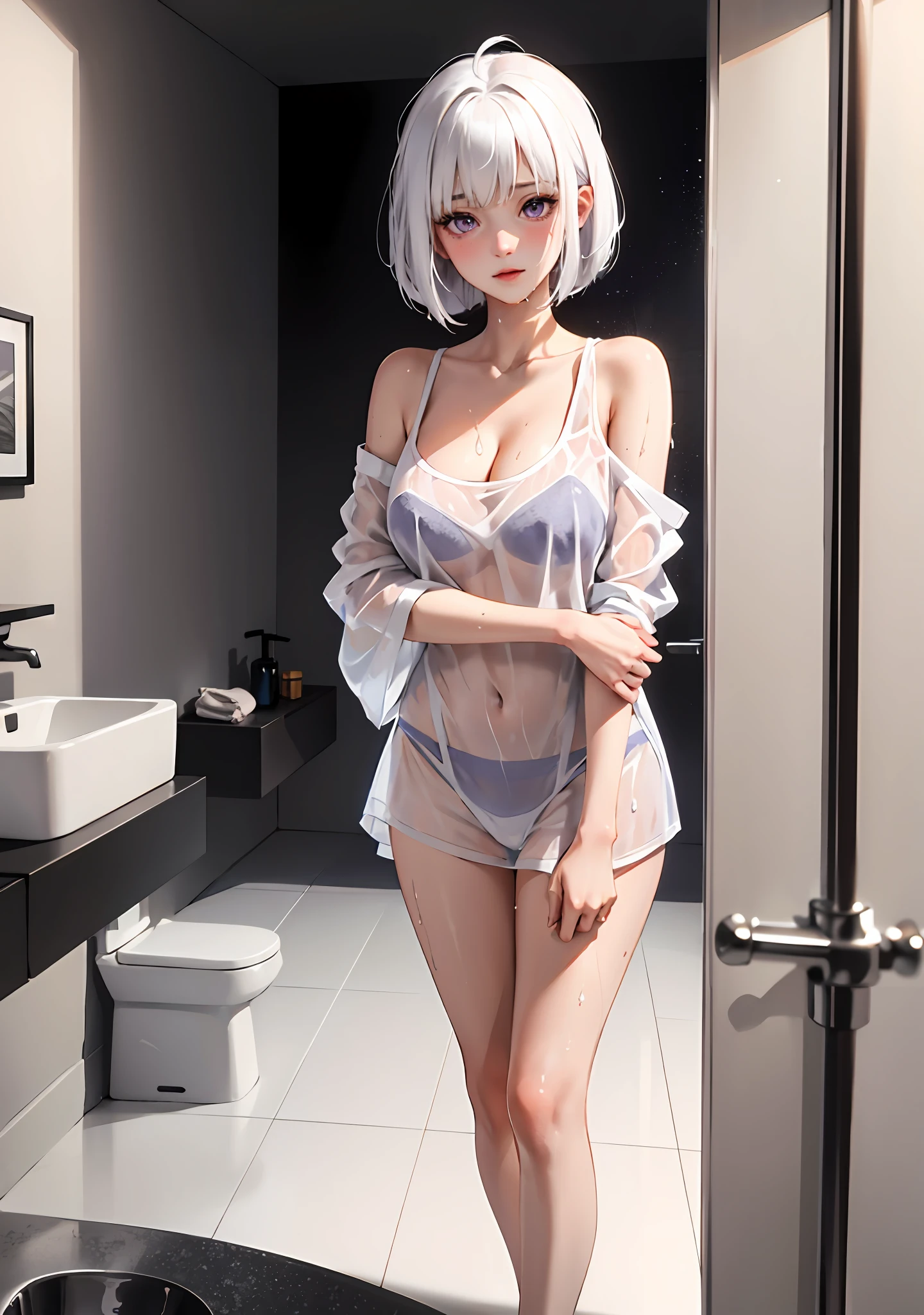 1girl, white hair, purple eyes, bob cut, wavy hair, average breasts, blush, glow, thighs, bare shoulders, collarbone, narrow waist, cleavage, (masterpiece), ahoge, wet white oversized t-shirt, no pants, see-through, after shower, wet clothes, in bathroom