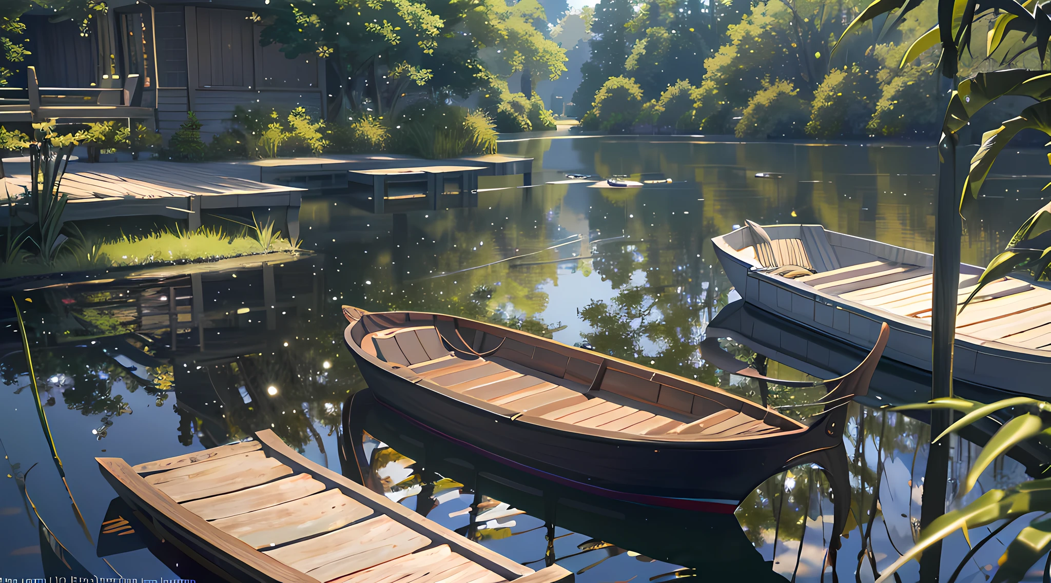 Wallpaper, summer pond, pond, boat, afternoon sun, reeds, pond background, depth of field, hot weather, HD detail, wet watermark, hyperdetail, realistic photo, 16k, surrealism, soft light, deep field focus bokeh, ray tracing, diffuse (ultra-fine glass reflection) and surrealism. --v6