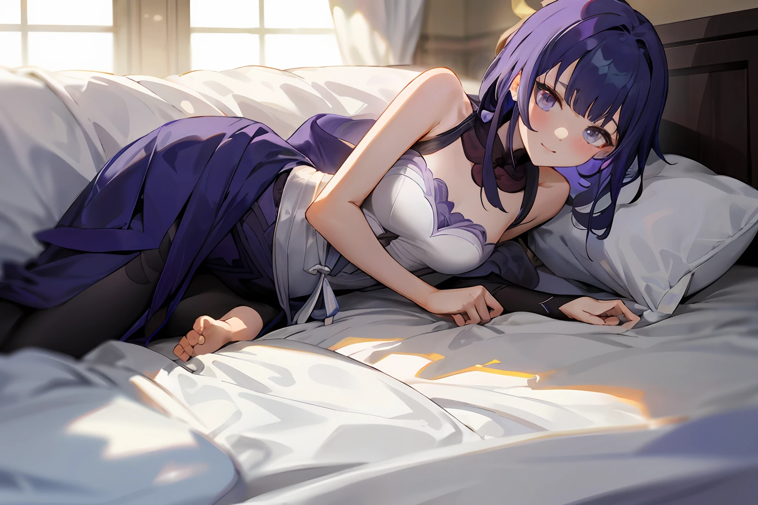 Genshin Raiden General sits on the bed in a wedding dress