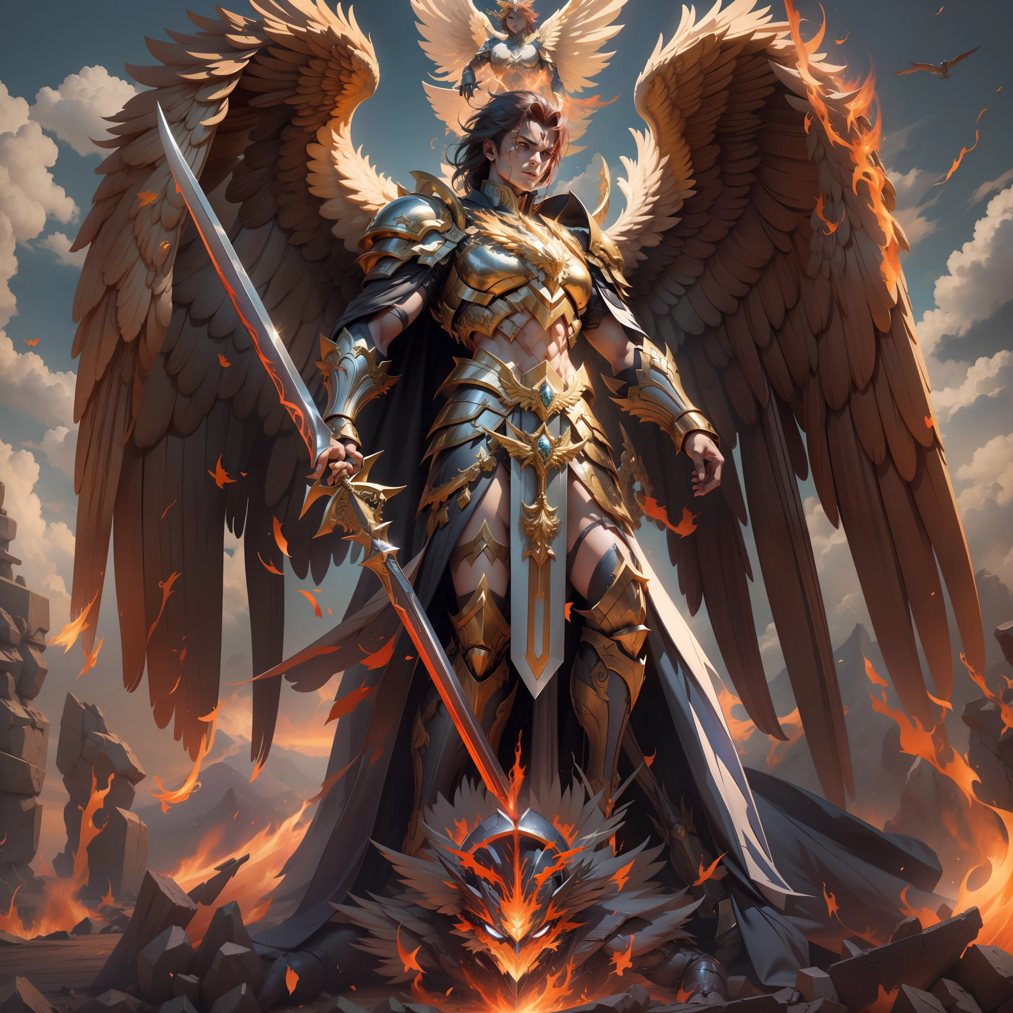 Create an image of an archangel with four large wings who is leading an army of angels to fight the forces of evil in an epic battle. He has a flaming sword in one hand and a shield in the other, and his face is determined and courageous. UHD, high details, super detail, best quality, 8k