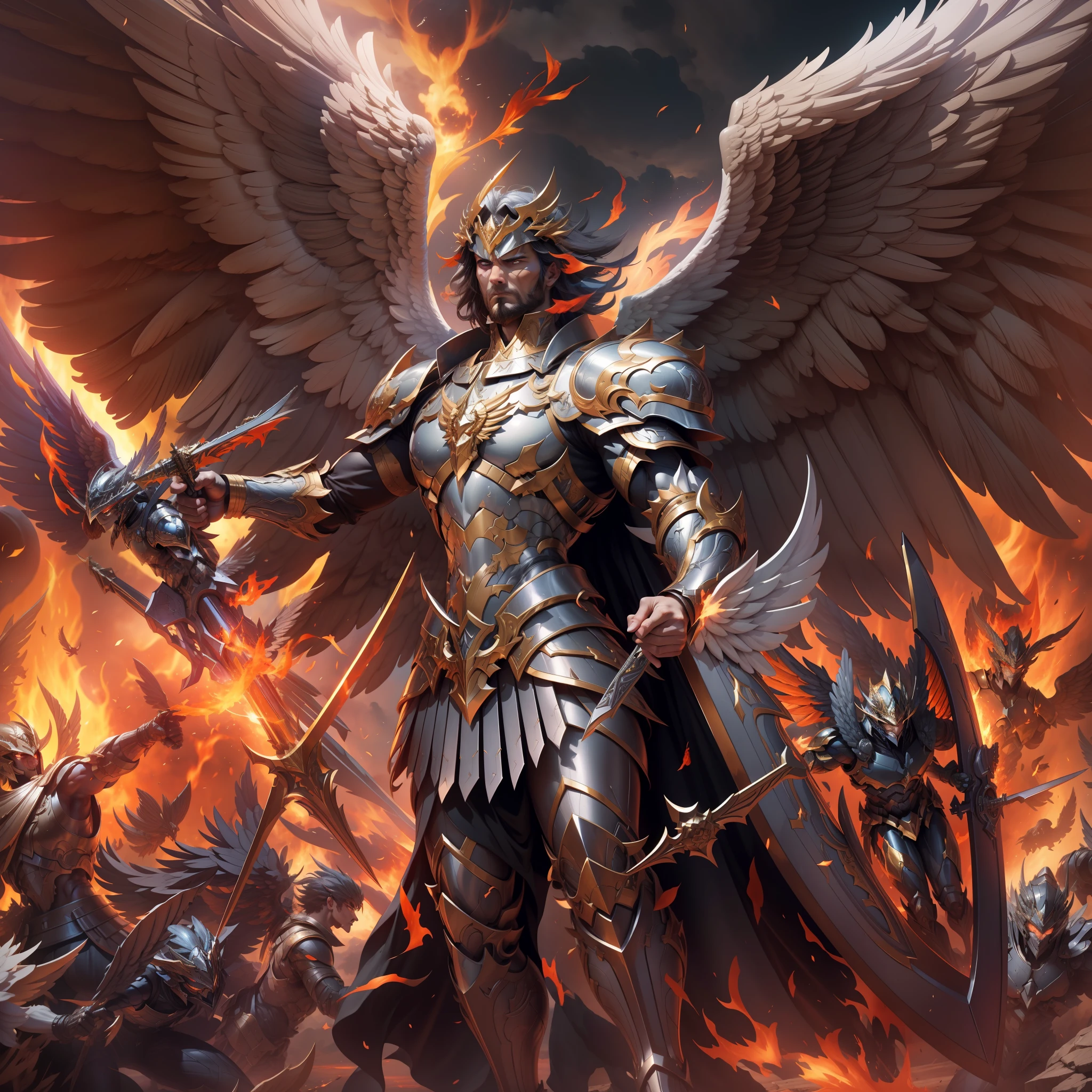 Create an image of an archangel with four large wings who is leading an army of angels to fight the forces of evil in an epic battle. He has a flaming sword in one hand and a shield in the other, and his face is determined and courageous. UHD, high details, super detail, best quality, 8k