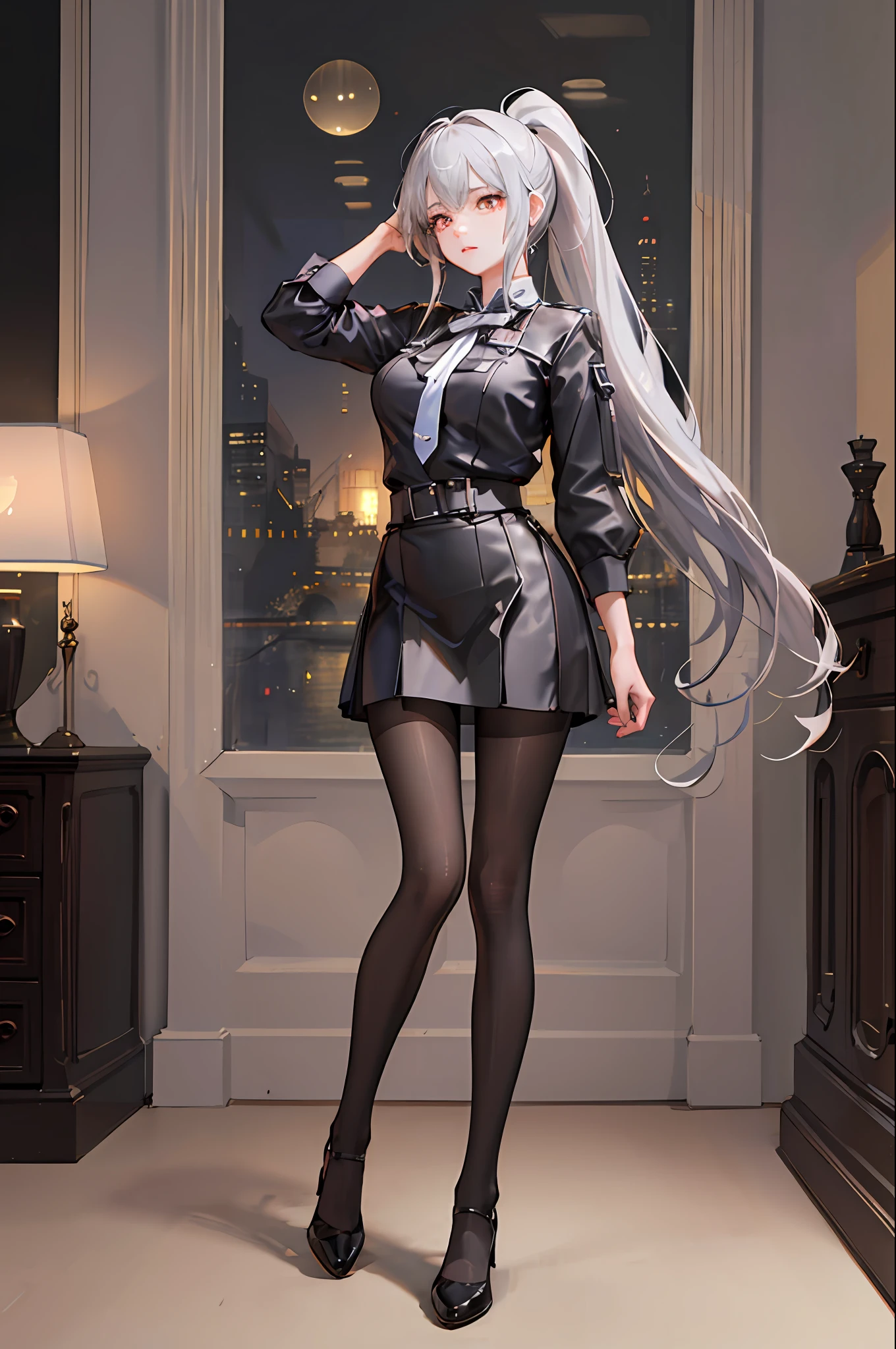 1 girl! Ray tracing, best shadows, high resolution (dim lighting) detailed background (living room) fluffy silver hair, plump and slender girl, high ponytail avoiding golden eyes in the ominous living room (girl wearing white shirt, black wrinkled skirt, with black transparent pantyhose), showing a delicate slim figure and graceful curves, correctly positioned and reasonable limbs! Put your hands behind your head, stand dignified, facial details! Delicate facial features, pay attention to the position details of the legs! Pay attention to hand details! High quality! More eligible! Reduce mistakes, fine drawing, ultra-detailed CG, more reasonable picture! Pay attention to finger details! 8k wallpaper, masterpiece level.