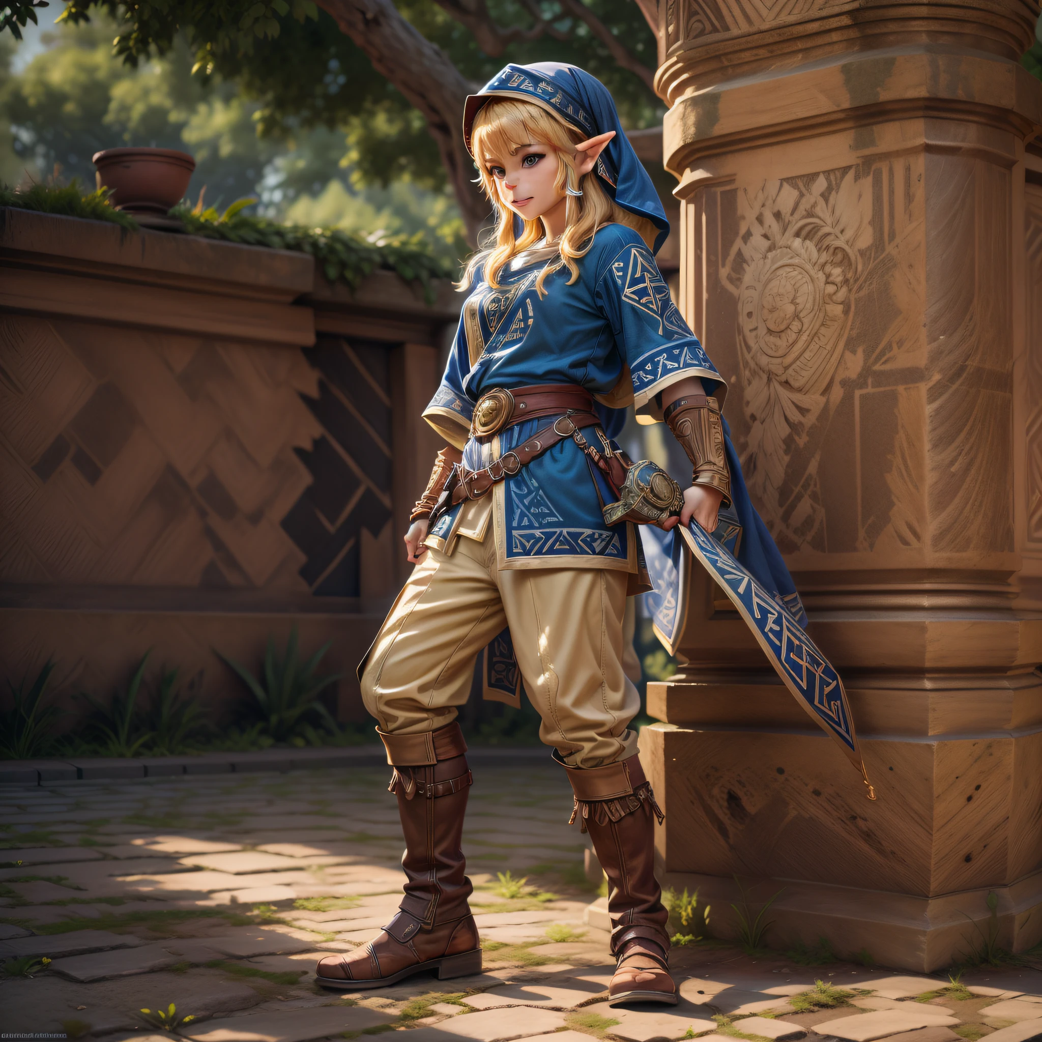 Link de the legend of zelda em roupa azul e bege segurando em poses de combate como em street fighter, Zelda, Retrato de Zelda, de lenda de Zelda, Link da lenda de Zelda, link do Zelda, Fotos cosplay, Cosplay ornamentado, Cosplay profissional, Cosplay, Cosplay Completo, Artgerm Moody Fotografia, Campos Hyrule, ray-traced, 3D-rendering, extremanente detalhado, alta qualidade, luz e sombra realistas, cabelos loiros, eye reflection, sorriso leve, ray tracing, ray tracing, High detail, Realismo, hiper-Realismo, profundidade de campo, Cinematic lighting, desfoque de movimento, brilho, luz brilhante, raios de deus, ray tracing, reflection light, Afterimage, Multiple views, Reflexo da lente, Bokeh, 4k, UHD, master part, anatomicamente correto, pele texturizada, super detalhe, alta qualidade, best quality, 8k