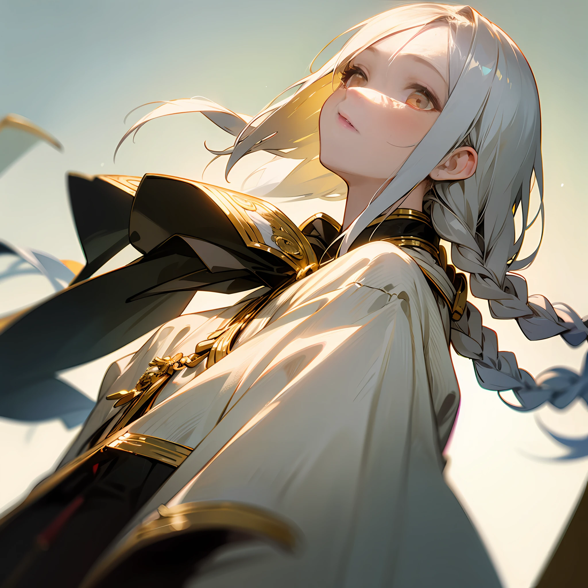 best quality, masterpiece,white hair, gold eyes,white clothes, looking up, upper body,hair strand,Fair skin,side braids --auto