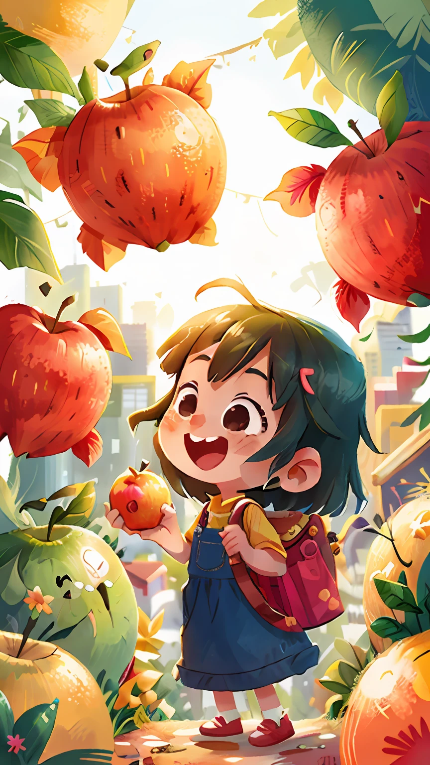 A beautiful happy and cheerful girl goes to the city of beautiful fruits and finds a talking apple