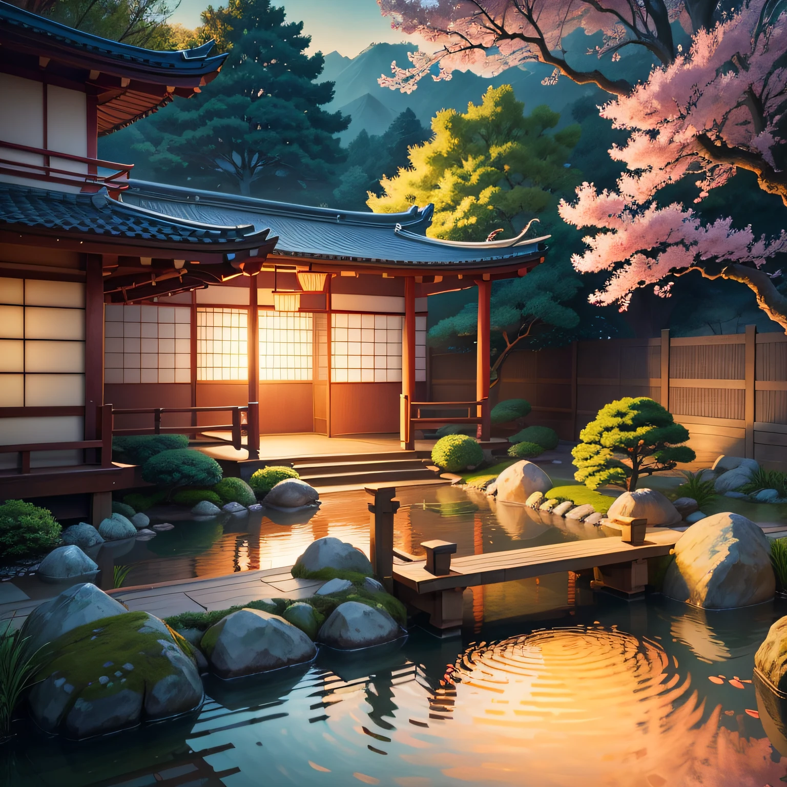 (digital painting),(best quality), serene Japanese garden, cherry blossoms in full bloom, koi pond, footbridge, pagoda, Ukiyo-e art style, Hokusai inspiration, Deviant Art popular, 8k ultra-realistic, pastel color scheme, soft lighting, golden hour, tranquil atmosphere, landscape orientation --auto
