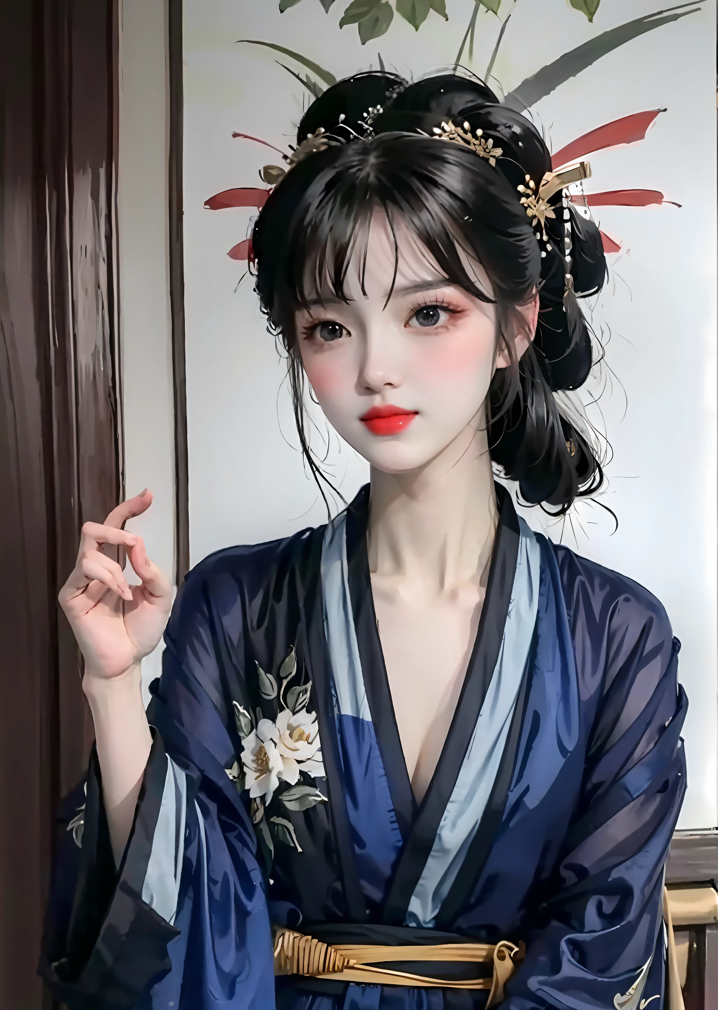 There is a woman posing for a photo in Hanfu, (Expose large:1.2), Long bangs, (eyes with brightness:1.2), with acient chinese clothes, Japanese clothes, Wearing ancient Chinese clothes, Palace ， A girl in Hanfu, Traditional Chinese clothing, pale and coloured kimono, Chinese costume, traditional geisha clothing