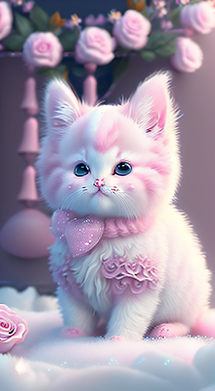 Nesta arte CG ultra-detalhada, Cute pink kittens surrounded by ethereal roses, risos, melhor qualidade, alta resolução, detalhes intrincados, fantasia, animais bonitos, roxo, humorous, boca aberta, 8k, olhar comovente.