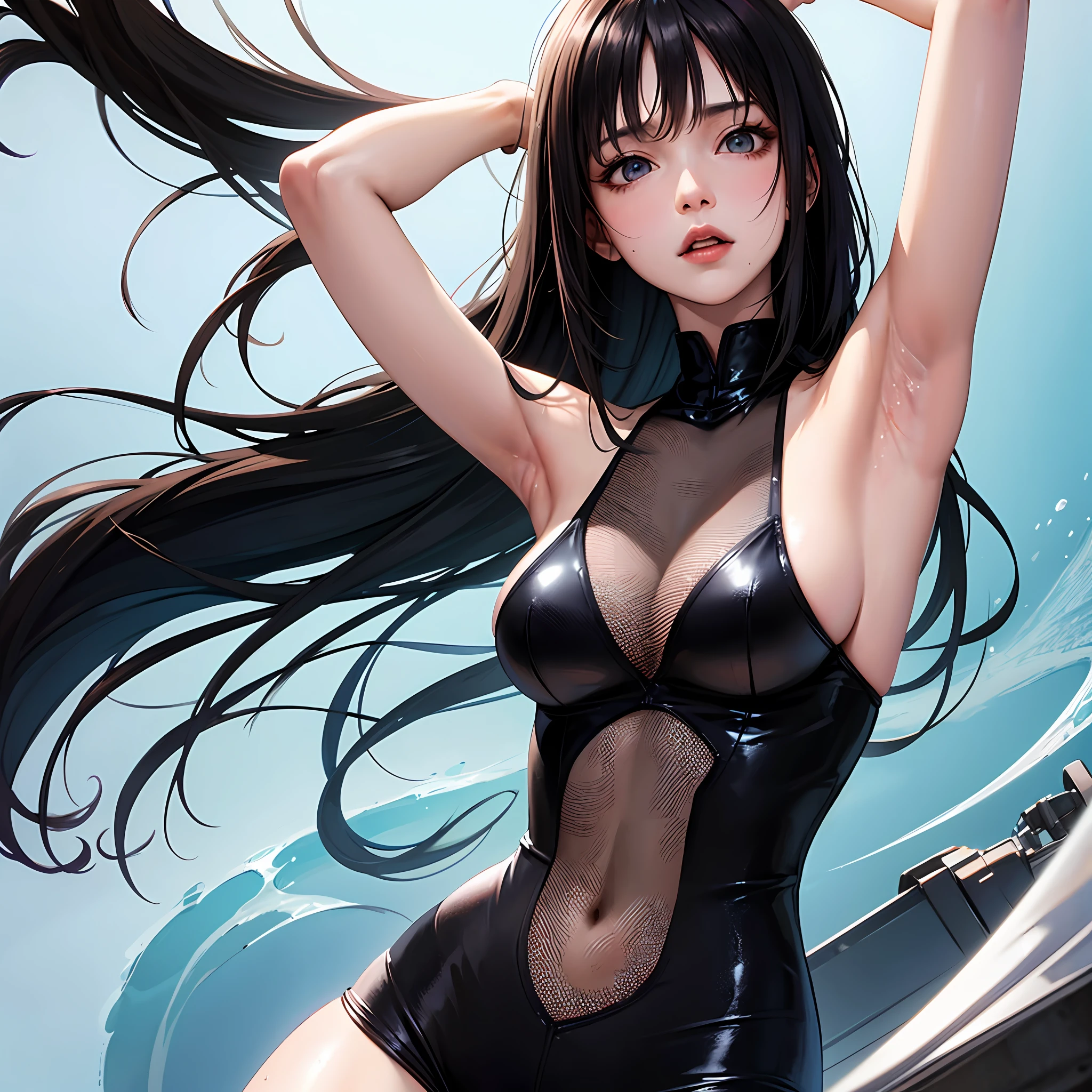 armpits, Armpit sweat, Sex clothes, shame, Beautiful woman, Perfect body, black hair, asymmetrical hair, anime, anime, cinematic lighting, textured skin, best quality, high quality, anatomically correct, 8k --auto