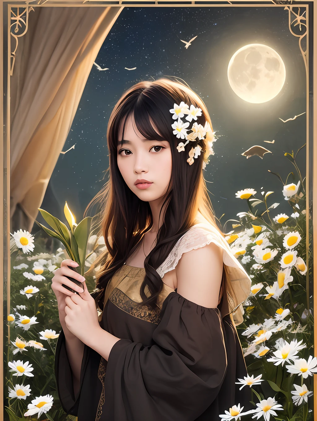 an illustration princess, moon, black hair, crow, shine, sun, brown eyes, gold, brown skin, silk, flowers, fields, perfume, daisies, gardenias, jasmine, moon in bloom, colors. --auto --s2