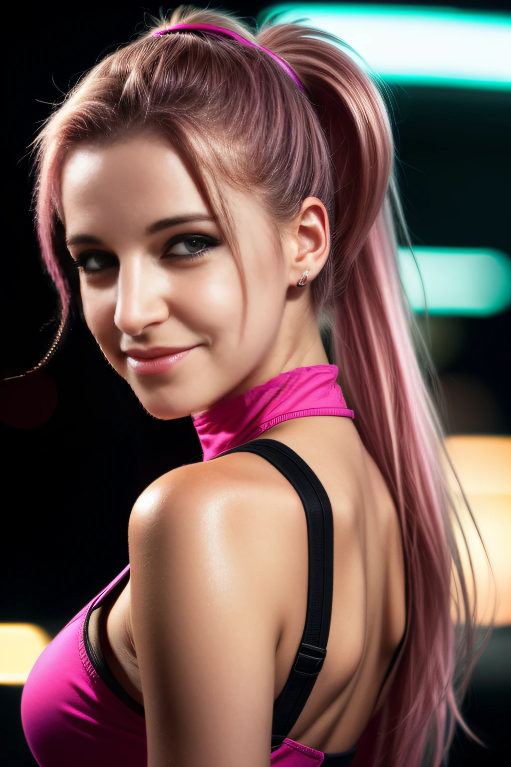 night scene, close up photo of a sexy girl, posing, look at a camera and smile, pink ponytail hair, (green eyes:0.8), cute young face, 18 yo, soft volumetric lights, (backlit:1.3), (cinematic:1.3), intricate details, (ArtStation:1.2)