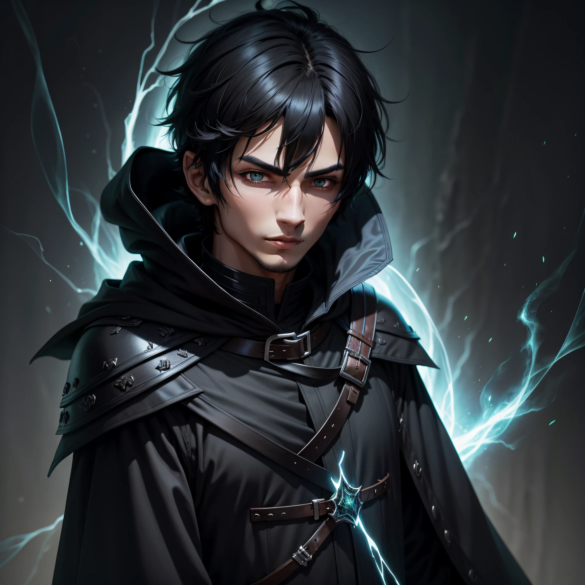 Dark mage, male, anime style, short black hair, black mantle with hood, black color, green magic, youth, European, normal eyes