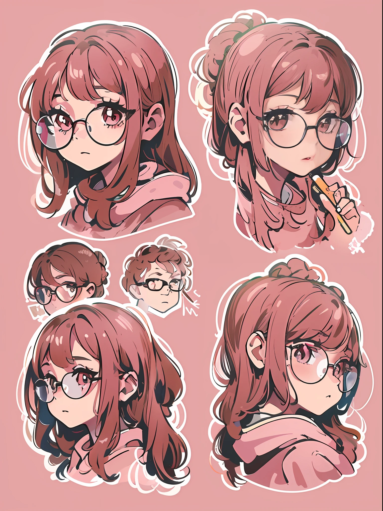 sticker, cute anime girl head, longhair style, wearing glasses, in circle, white Background, Bright pink, Simple, Ultra Detailed, Detailed Drawing, Vectorization, Silhouette, 8k, professional sticker design, flat design, vector lines, sticker, drawing, Drawing, Full HD