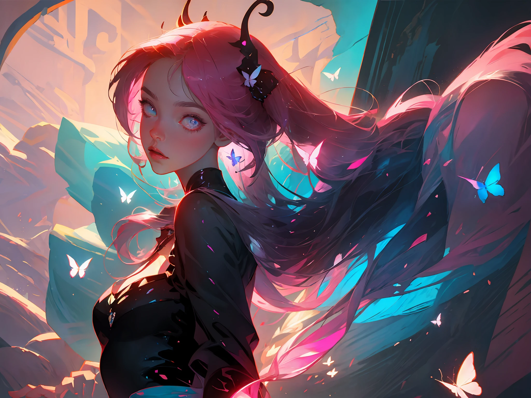 ((masterpiece)),(((best quality))),illustration,1 girl,long hair,hair on eyes, colorfull hair,beautiful eyes,environment Scene change, pose too, pink color palette, neon colors, female butterfly, butterfly antennae, holds a crosier, charturnbetalora, 8k,16k