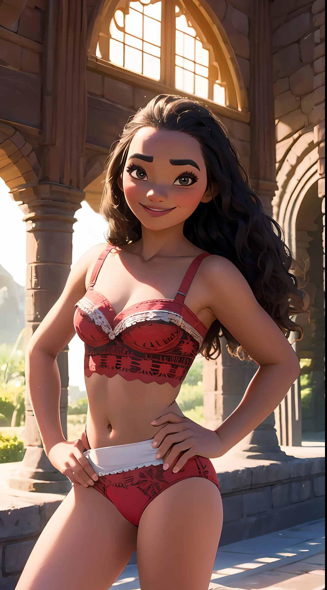 Moana posing sesy in bra and white panties with her hands behind her back, Castle room behind, small waist, piernas largas, sonriendo timidamente