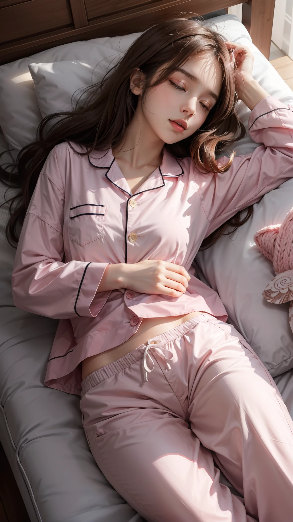 Sleeping girl, 22 years old, realistic, she is wearing long pants, she is wearing pink pajama, brown hair.
