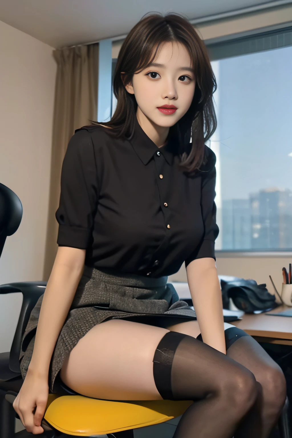 (Best quality: 1.1), (Realistic: 1.1), (Photography: 1.1), (highly details: 1.1), (1womanl), office room，Professional suits，black short skirt，black lence stockings，bent down,mix4,