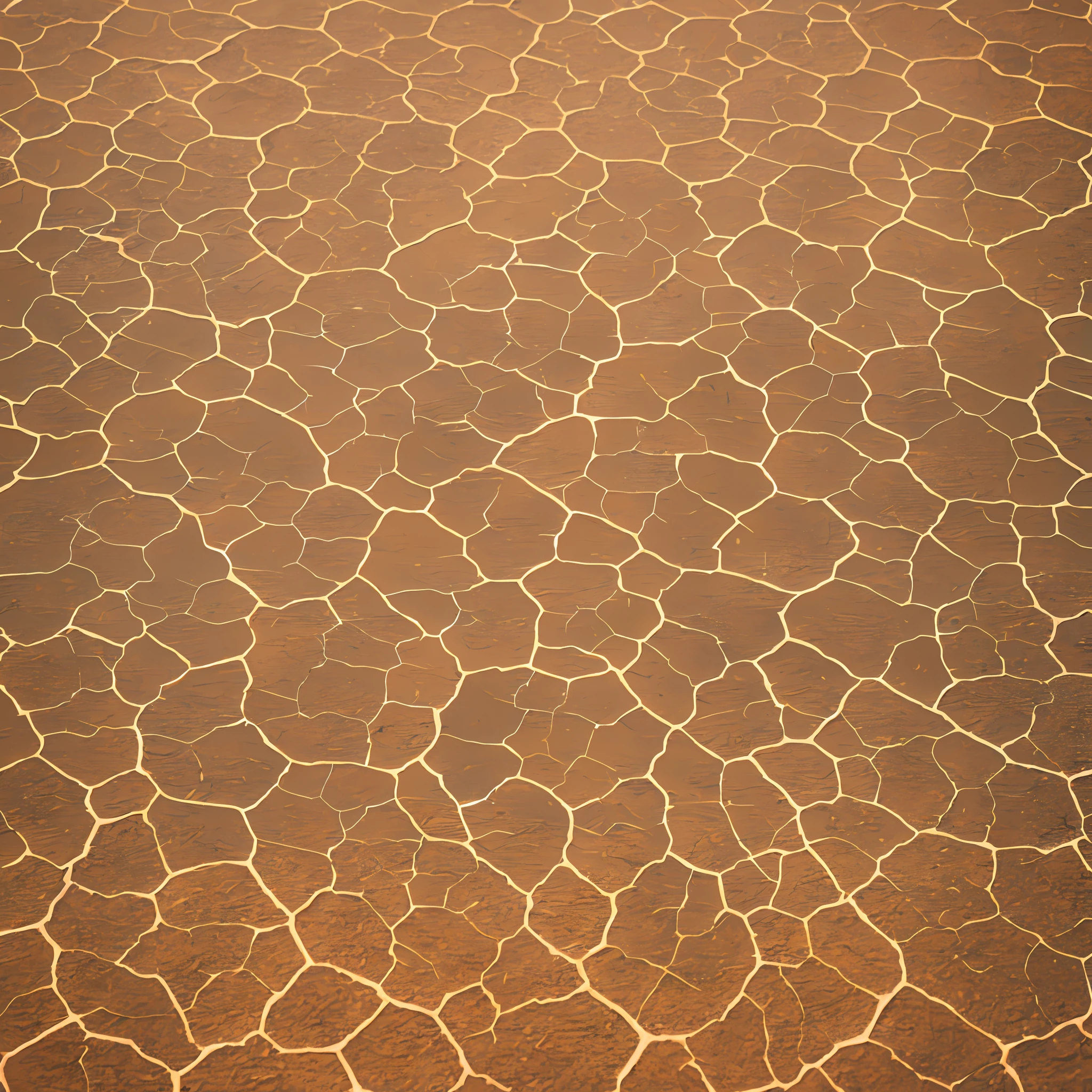 top view a texture that represents the appearance of cracked sun-baked ground. The texture should capture the dry, arid nature of the surface, with deep cracks and fissures. The color palette should include warm earthy tones like shades of brown, tan, and burnt orange to convey the sun's intense heat. The cracks should appear irregular and varied in size, with some wider gaps and smaller fractures. Consider adding subtle textures to mimic the roughness of the terrain, such as tiny pebbles or fine sand particles. The overall effect should portray a parched, sun-drenched ground that conveys a sense of aridity and desert-like conditions. --auto