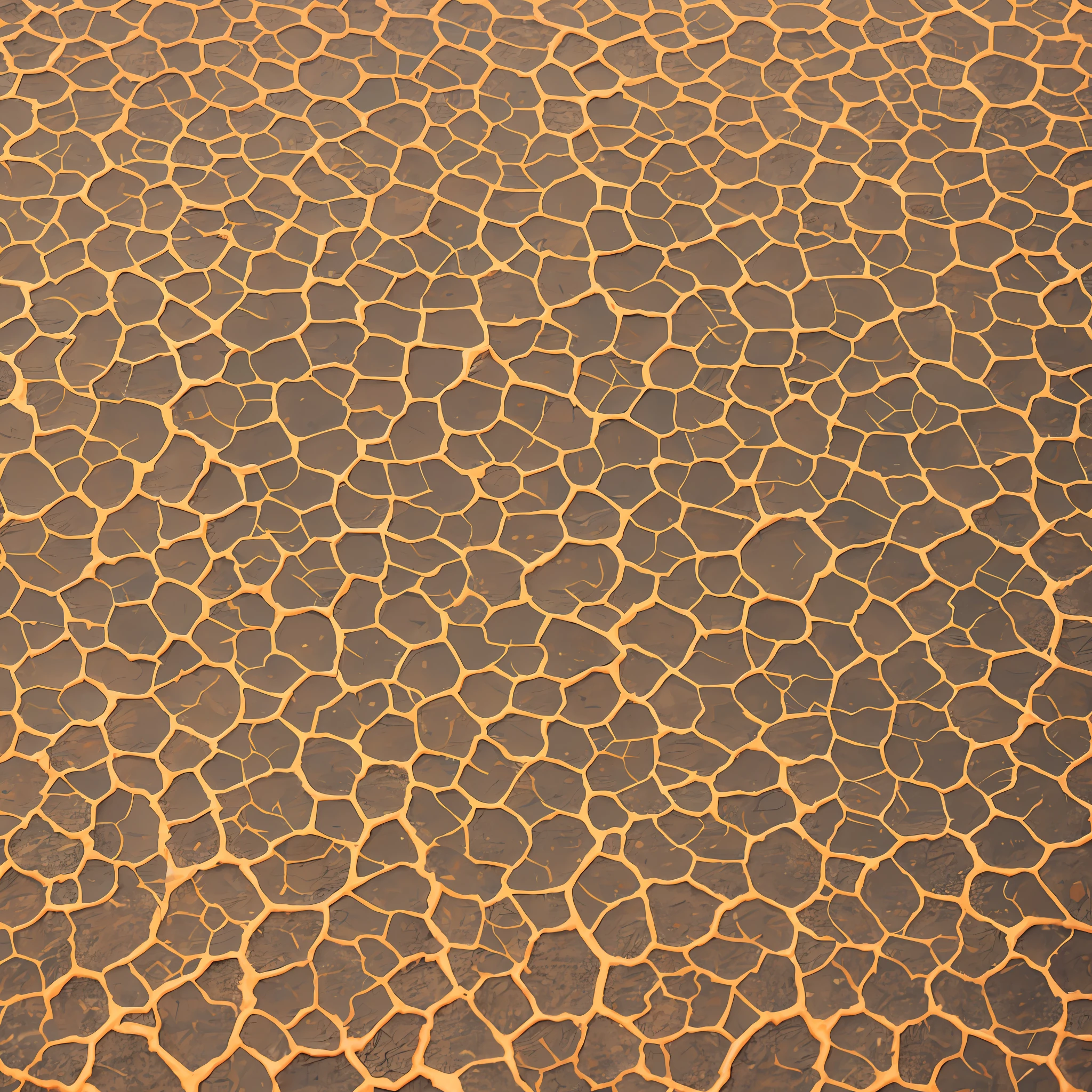 top view a texture that represents the appearance of cracked sun-baked ground. The texture should capture the dry, arid nature of the surface, with deep cracks and fissures. The color palette should include warm earthy tones like shades of brown, tan, and burnt orange to convey the sun's intense heat. The cracks should appear irregular and varied in size, with some wider gaps and smaller fractures. Consider adding subtle textures to mimic the roughness of the terrain, such as tiny pebbles or fine sand particles. The overall effect should portray a parched, sun-drenched ground that conveys a sense of aridity and desert-like conditions. --auto