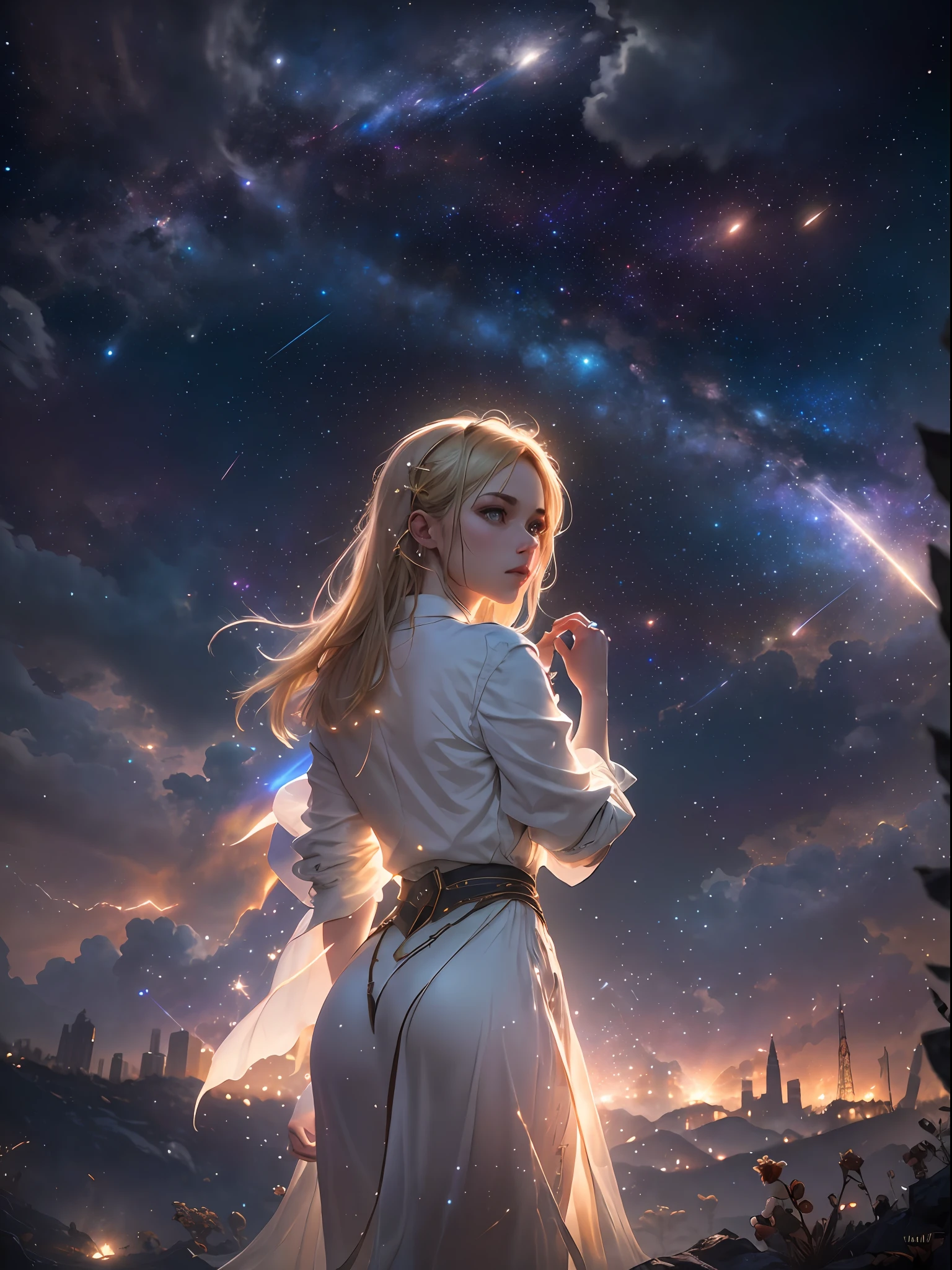 (masterpiece, high resolution, enchanting:1.3), A photo taken from behind a blonde girl in an urban park. It is nighttime, and the sky is adorned with stars and galaxies. The only source of light is from the celestial heavens, casting a soft and ethereal glow. The girl stands amidst the park, her silhouette illuminated against the backdrop of the cosmic sky. The photo captures the tranquility and wonder of the moment, as she becomes immersed in the enchanting beauty of the starlit night, Cinematic, Hyper-detailed, insane details, Beautifully color graded, Unreal Engine, DOF, Super-Resolution, Megapixel, Cinematic Lightning, Anti-Aliasing, FKAA, TXAA, RTX, SSAO, Post Processing, Post Production, Tone Mapping, CGI, VFX, SFX, Insanely detailed and intricate, Hyper maximalist, Hyper realistic, Volumetric, Photorealistic, ultra photoreal, ultra-detailed, intricate details, 8K, Super detailed, Full color, Volumetric lightning, HDR, Realistic, Unreal Engine, 16K, Sharp focus, Octane render --v testp