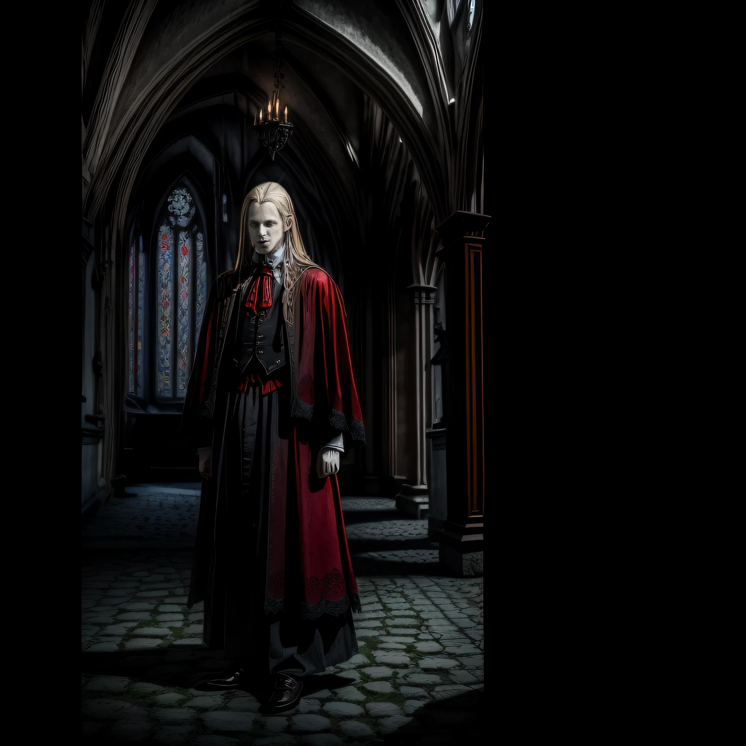 Per Yngve Ohlin dressed as a vampire in Transylvania with Gothic architecture and clothes with red details