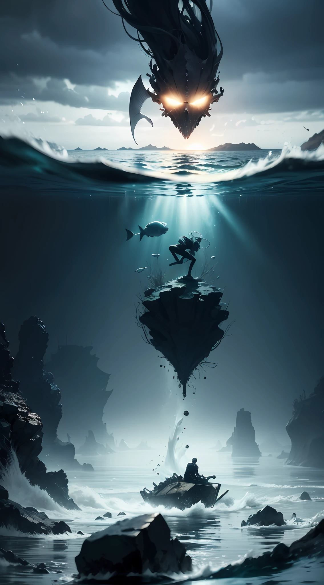 Create a breathtaking masterpiece with stunning ray tracing effects, featuring the best shadows and realistic lighting of man drowning in deep sea, above the water is a chaos world in black and white, but the underwater is colorful and dramatic