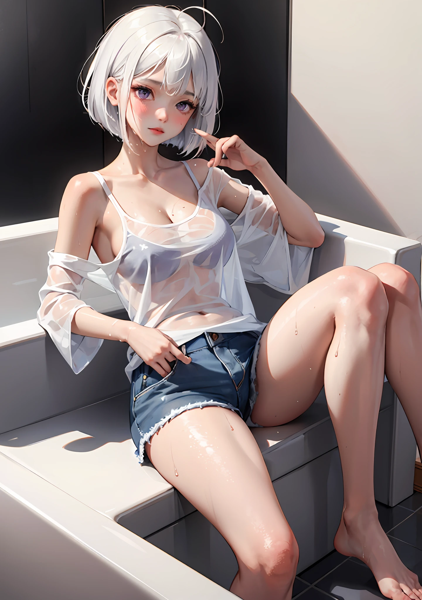 1girl, white hair, purple eyes, bob cut, wavy hair, average breasts, blush, glow, thighs, bare shoulders, collarbone, narrow waist, cleavage, (masterpiece), ahoge,, wet white oversized t-shirt, no pants, see-through, after shower, wet clothes, in bathroom, no bra, no underwear,